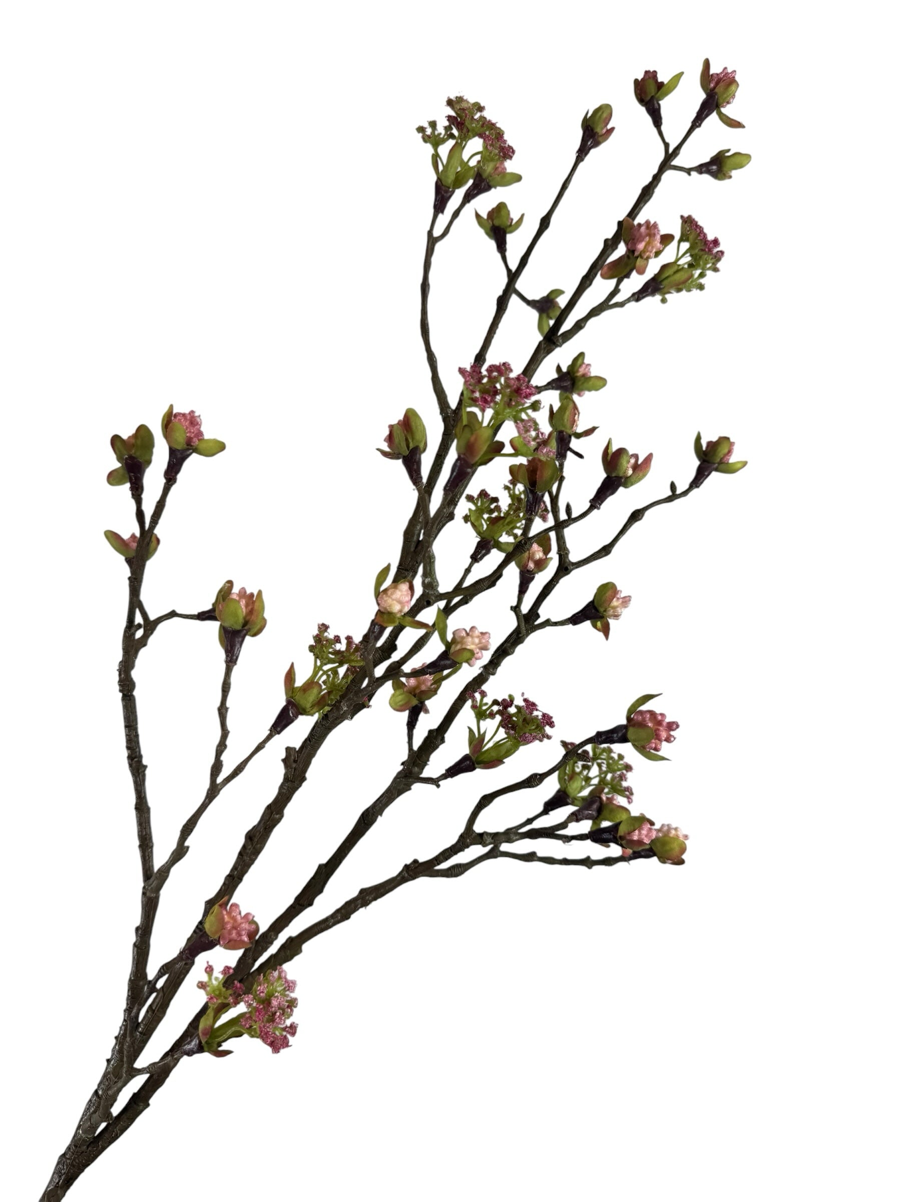 Artificial Bloom decorative flowering branch with textured brown bark, soft pink buds, and vibrant green leaves.