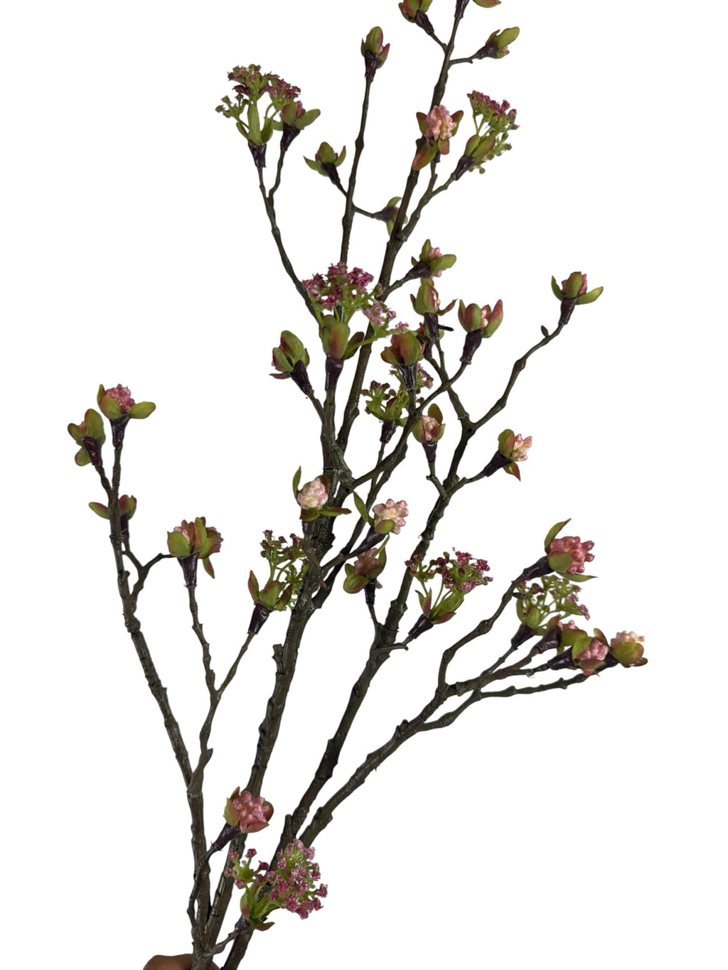 Artificial Bloom decorative flowering branch with textured brown bark, soft pink blossoms, and vibrant green leaves.