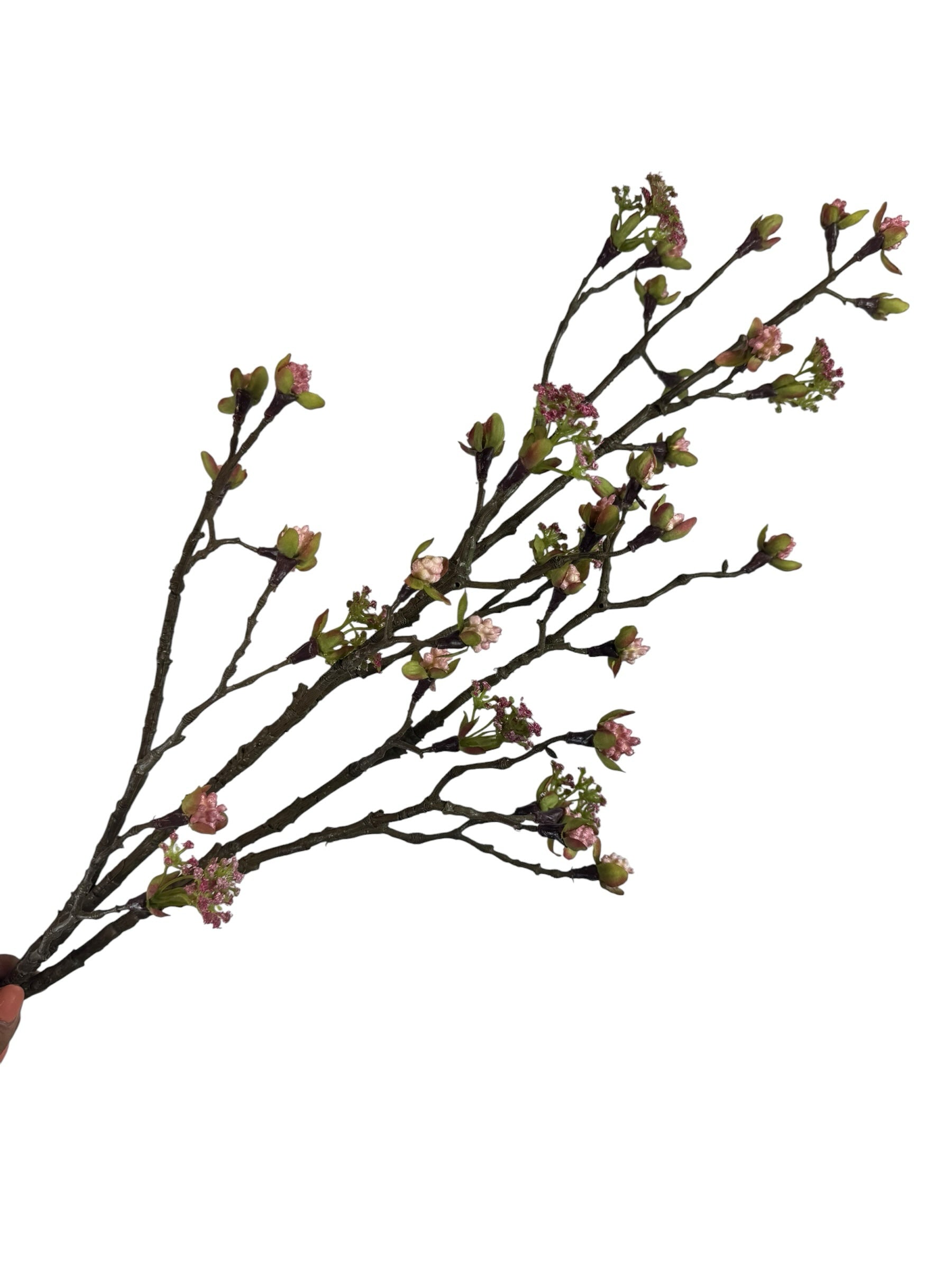 Artificial Bloom decorative flowering branch with realistic brown bark, soft pink buds, and vibrant green leaves.