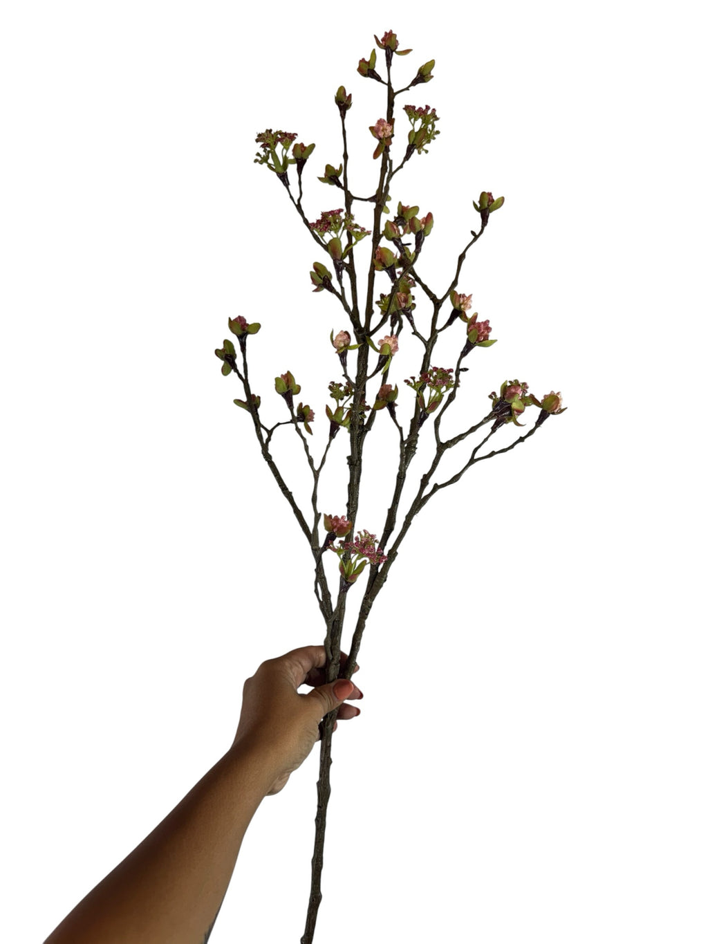Artificial Bloom decorative flowering branch with textured brown bark, soft fuchsia                                                                                                                                                                                                                                                             buds, and green leaves held by a hand.