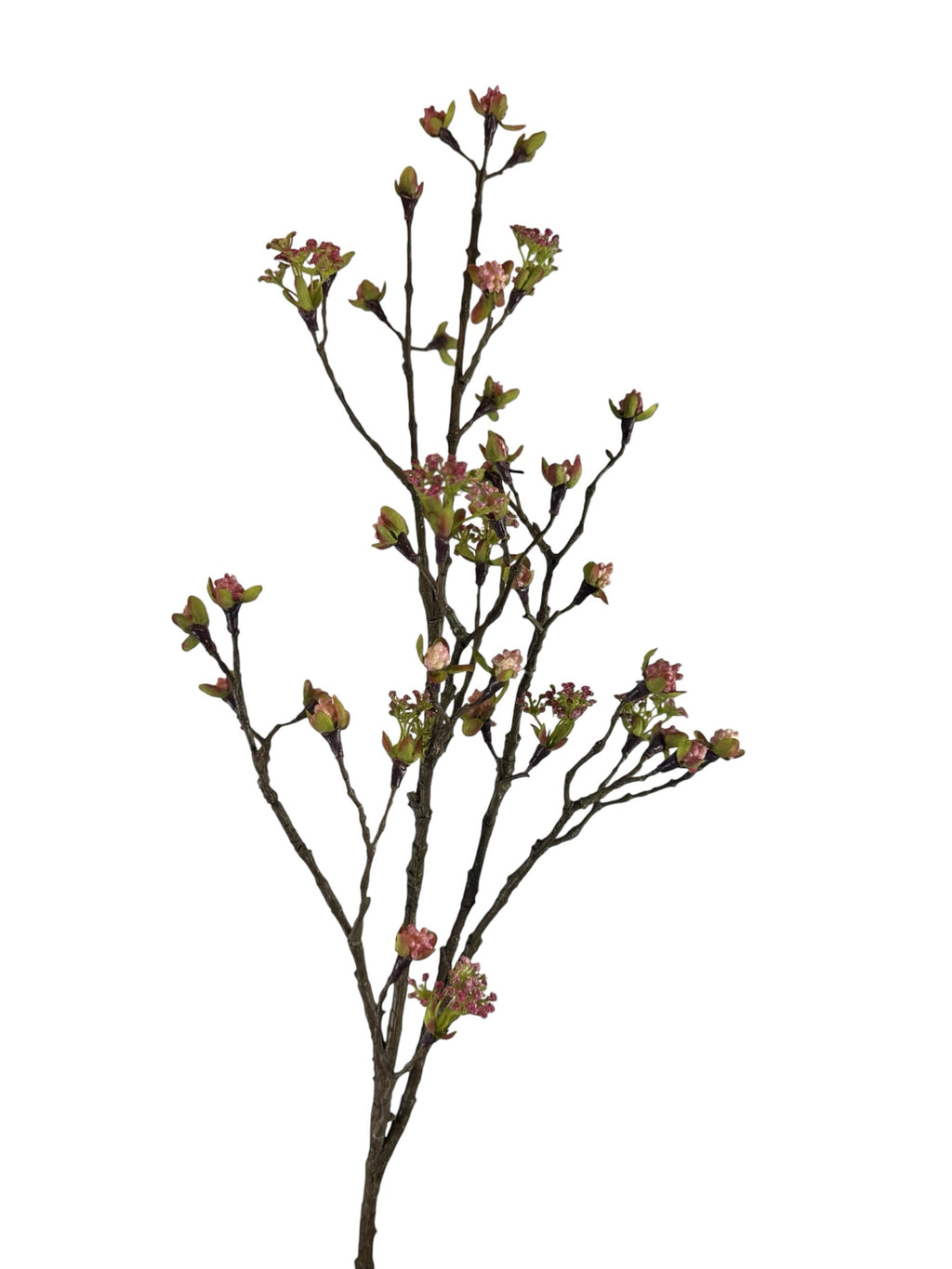 Artificial Bloom decorative flowering branch with realistic brown bark, soft fuchsia color buds, and small green leaves.