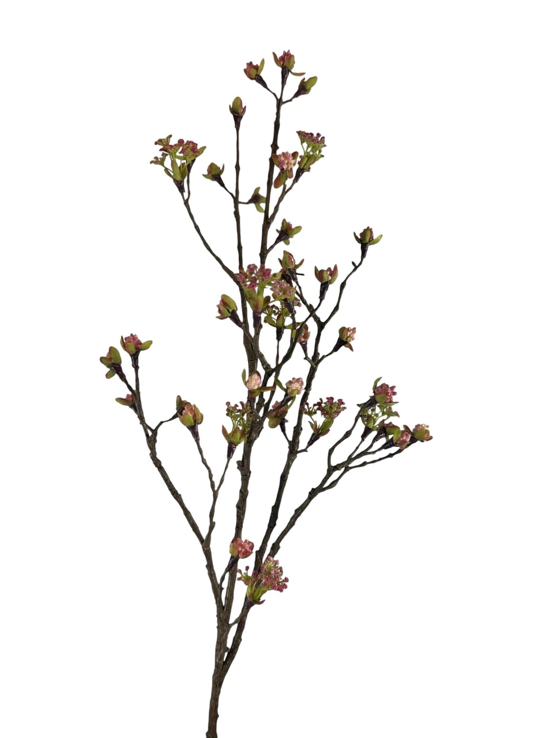 Artificial Bloom decorative flowering branch with realistic brown bark, soft fuchsia color buds, and small green leaves.