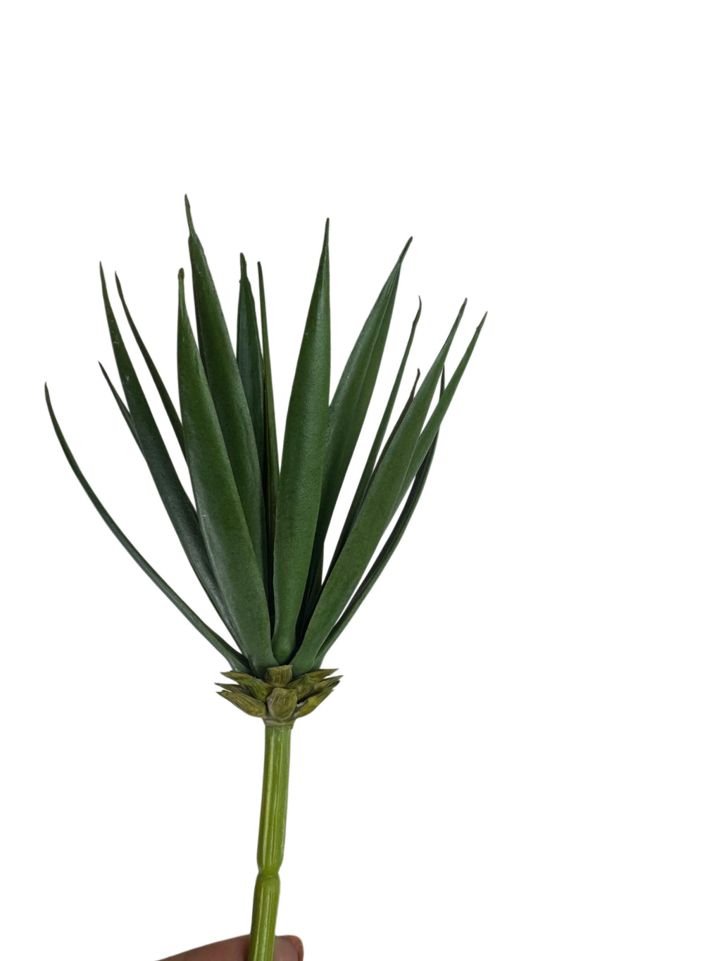 Artificial Bloom decorative succulent stem with long pointed forest green leaves on a single stalk