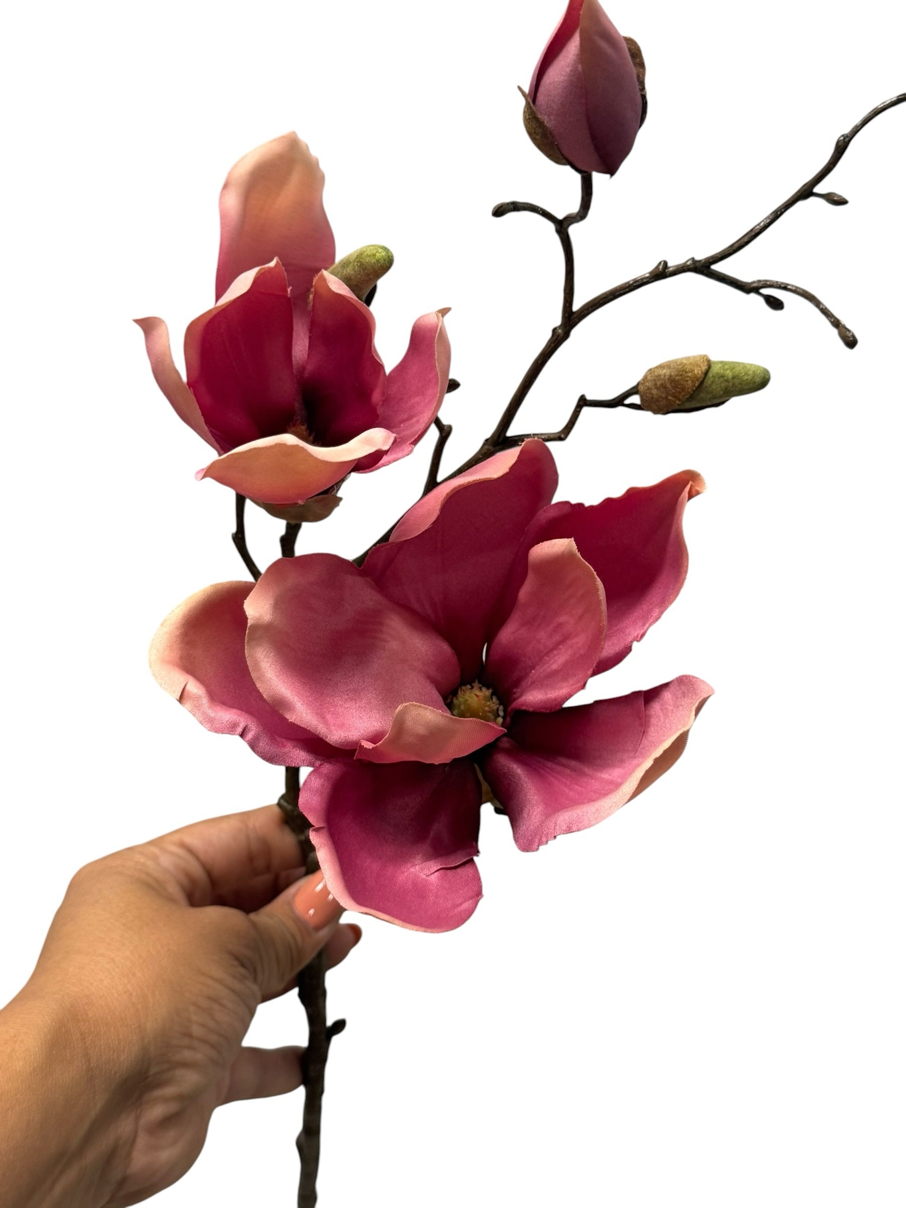 Artificial Bloom magenta and pink velvet magnolia floral stem held by a hand against a white background