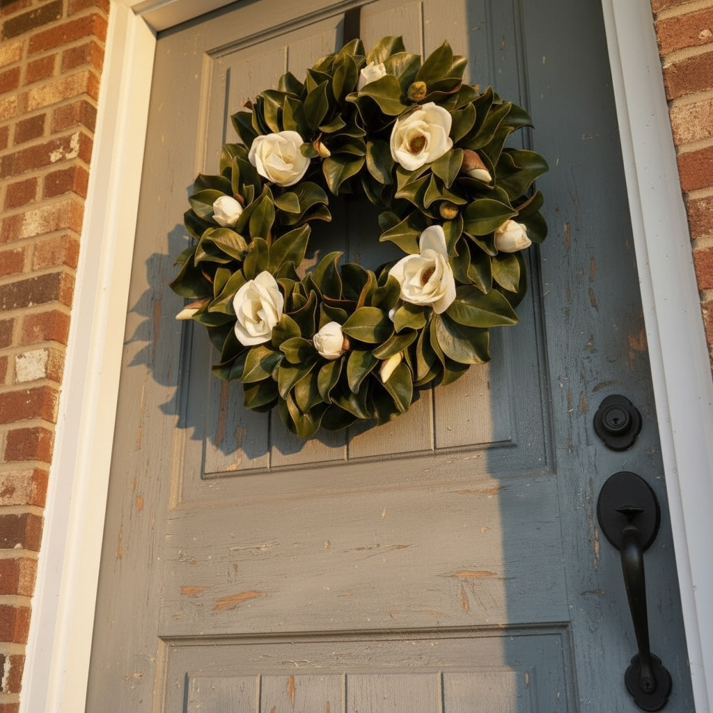 Artificial Bloom magnolia leaf and white blossom decorative wreath hanging on a rustic grey front door