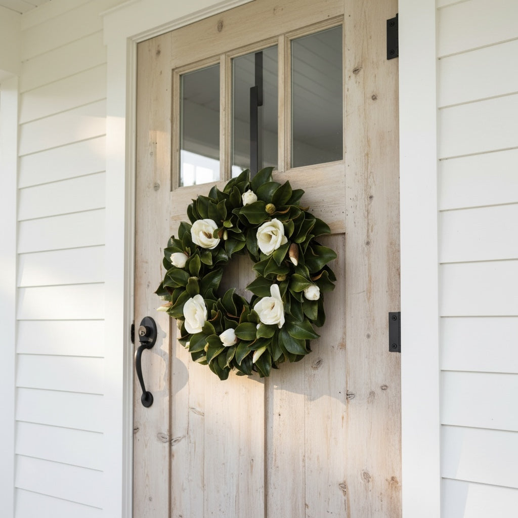 Artificial Bloom magnolia leaf and white blossom decorative wreath hanging on a rustic wooden front door