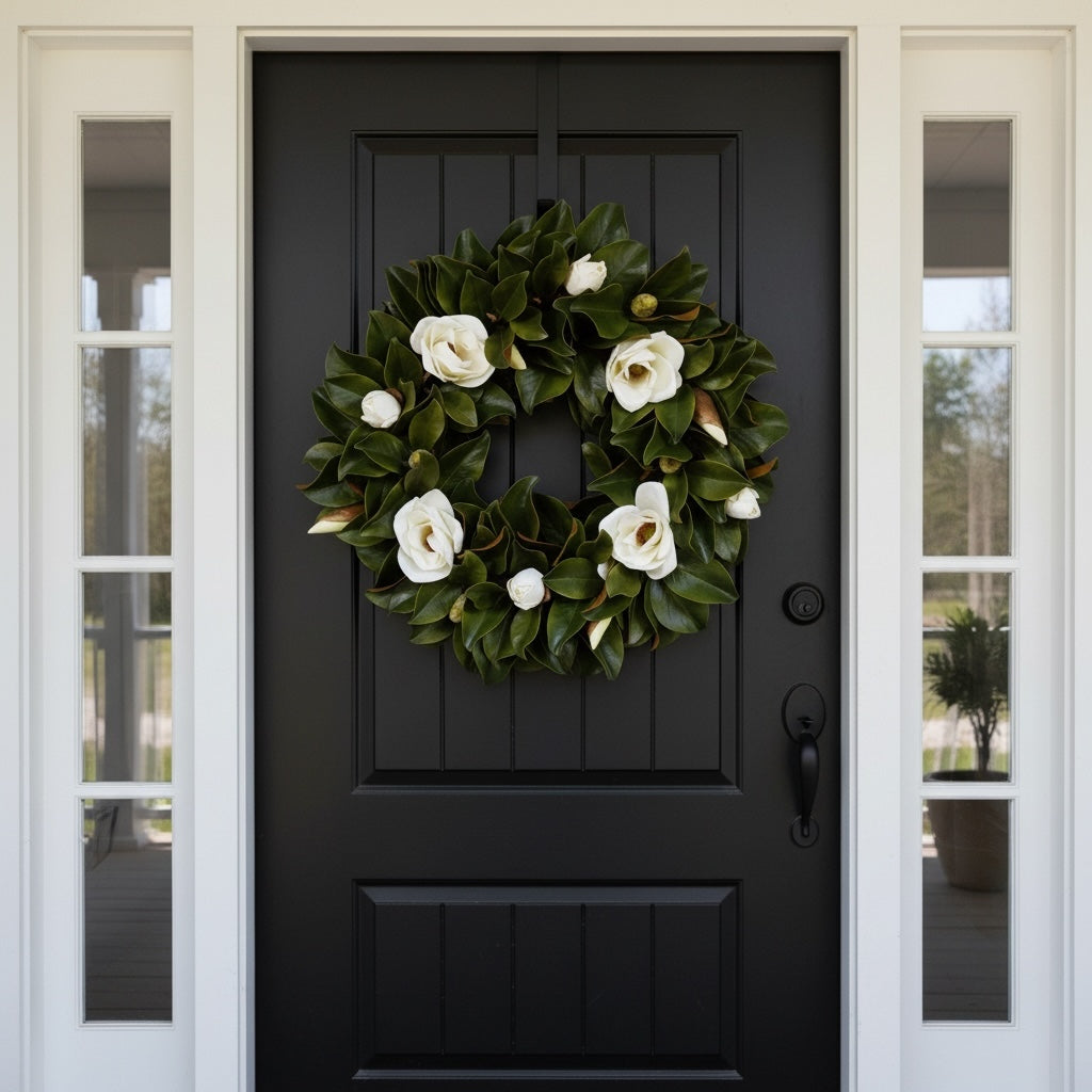Artificial Bloom magnolia leaf and white blossom wreath hanging on a classic black front door.