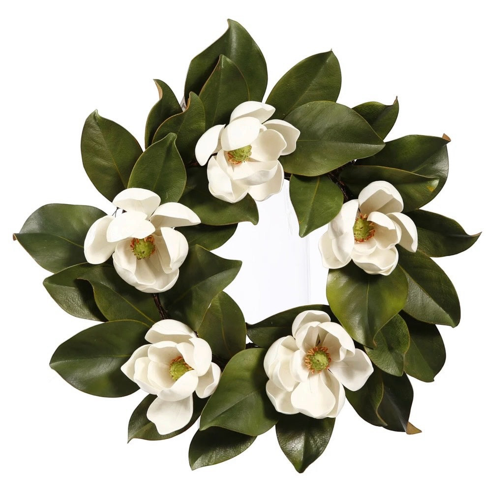 Artificial Bloom magnolia wreath with creamy white blossoms and lush deep green leaves for indoor or outdoor decor