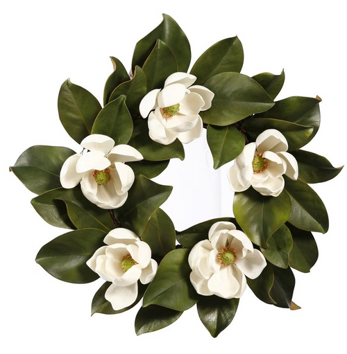 Artificial Bloom magnolia wreath with creamy white blossoms and lush deep green leaves for indoor or outdoor decor