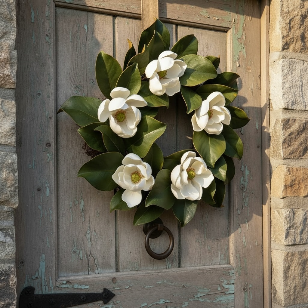 Artificial Bloom magnolia wreath with creamy white flowers and deep green leaves hanging on a rustic wooden door.