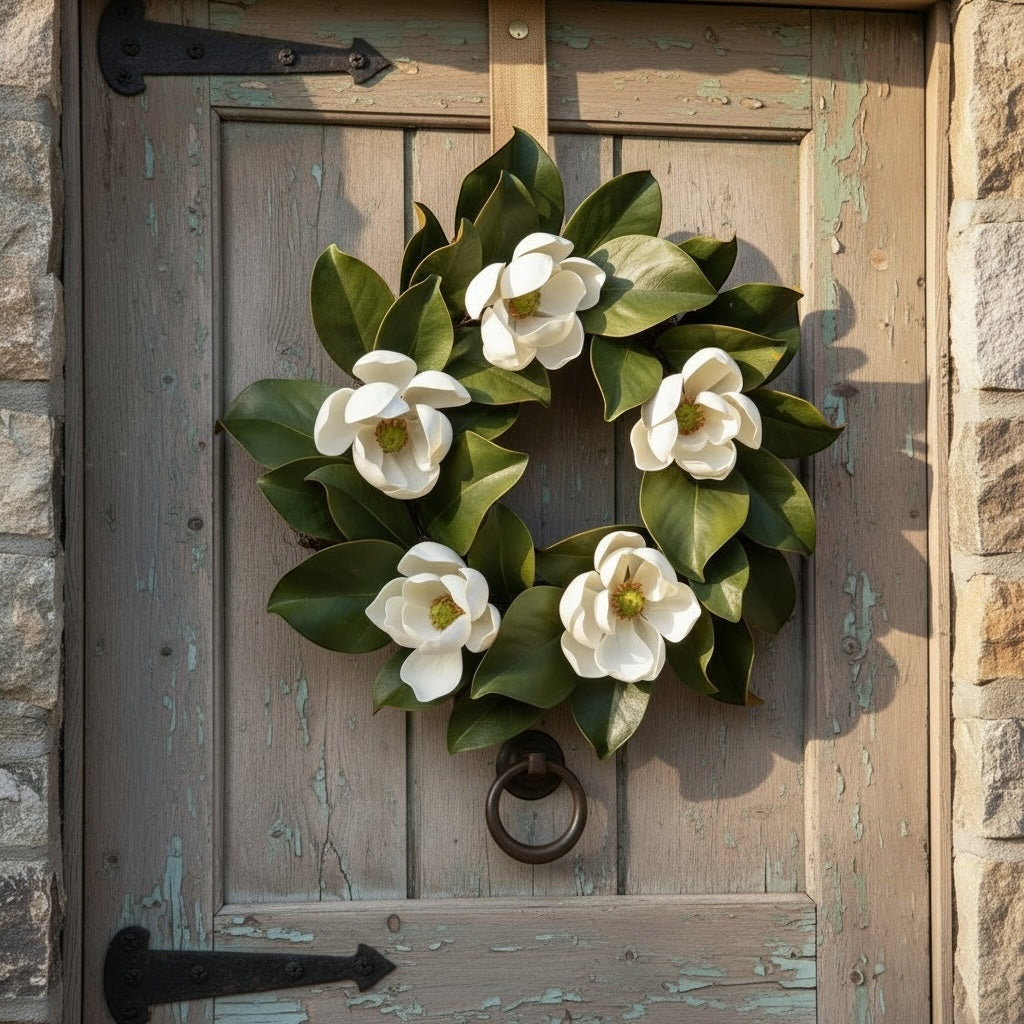 Artificial Bloom magnolia wreath with creamy white blossoms and deep green leaves hanging on a rustic wooden door.
