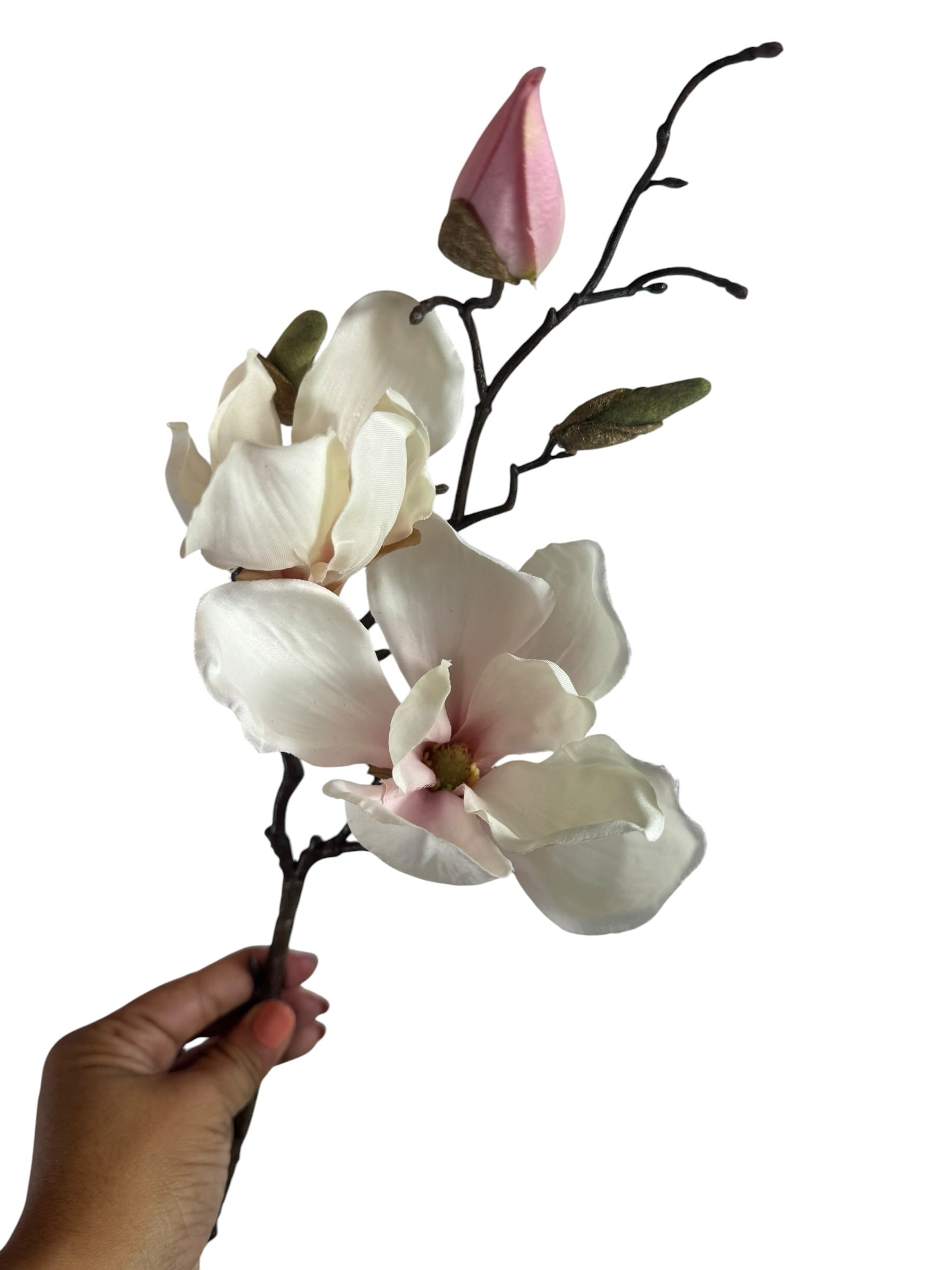 Artificial Bloom magnolia flower stem with creamy white petals, pink buds, and a realistic dark brown branch