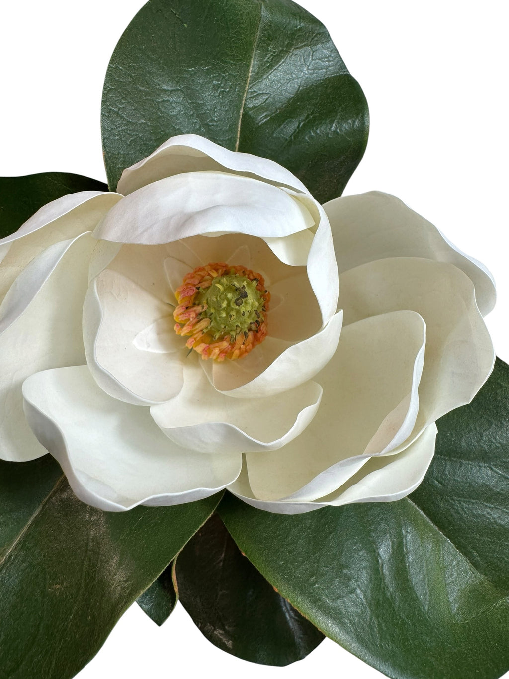 Artificial Bloom artificial magnolia flower stem with creamy white petals and glossy green leaves on white background