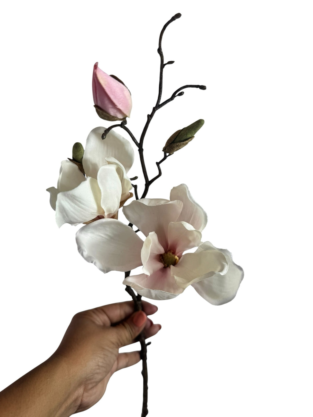 Artificial Bloom magnolia stem with creamy white petals, pink undertones, and realistic buds held against white