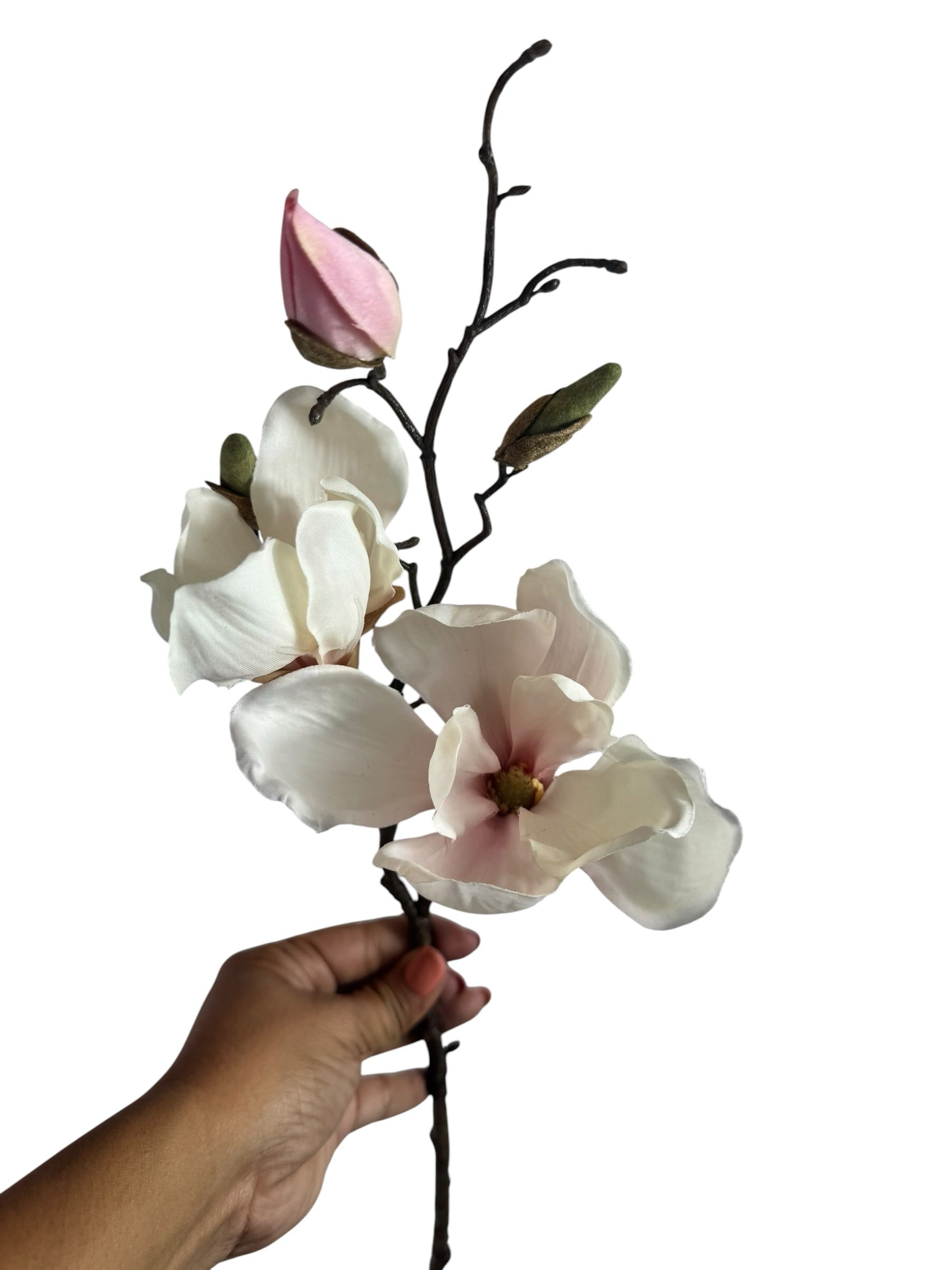 Artificial Bloom magnolia stem with creamy white petals, pink undertones, and realistic buds held against white