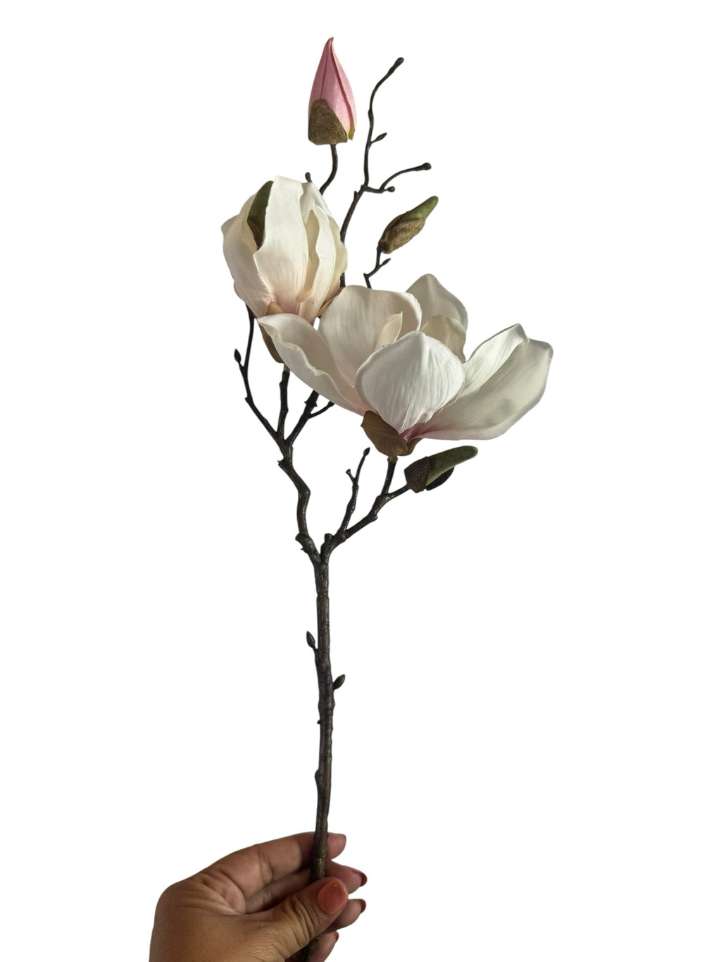 Artificial Bloom magnolia flower stem with creamy white petals, pink buds, and a realistic dark brown branch