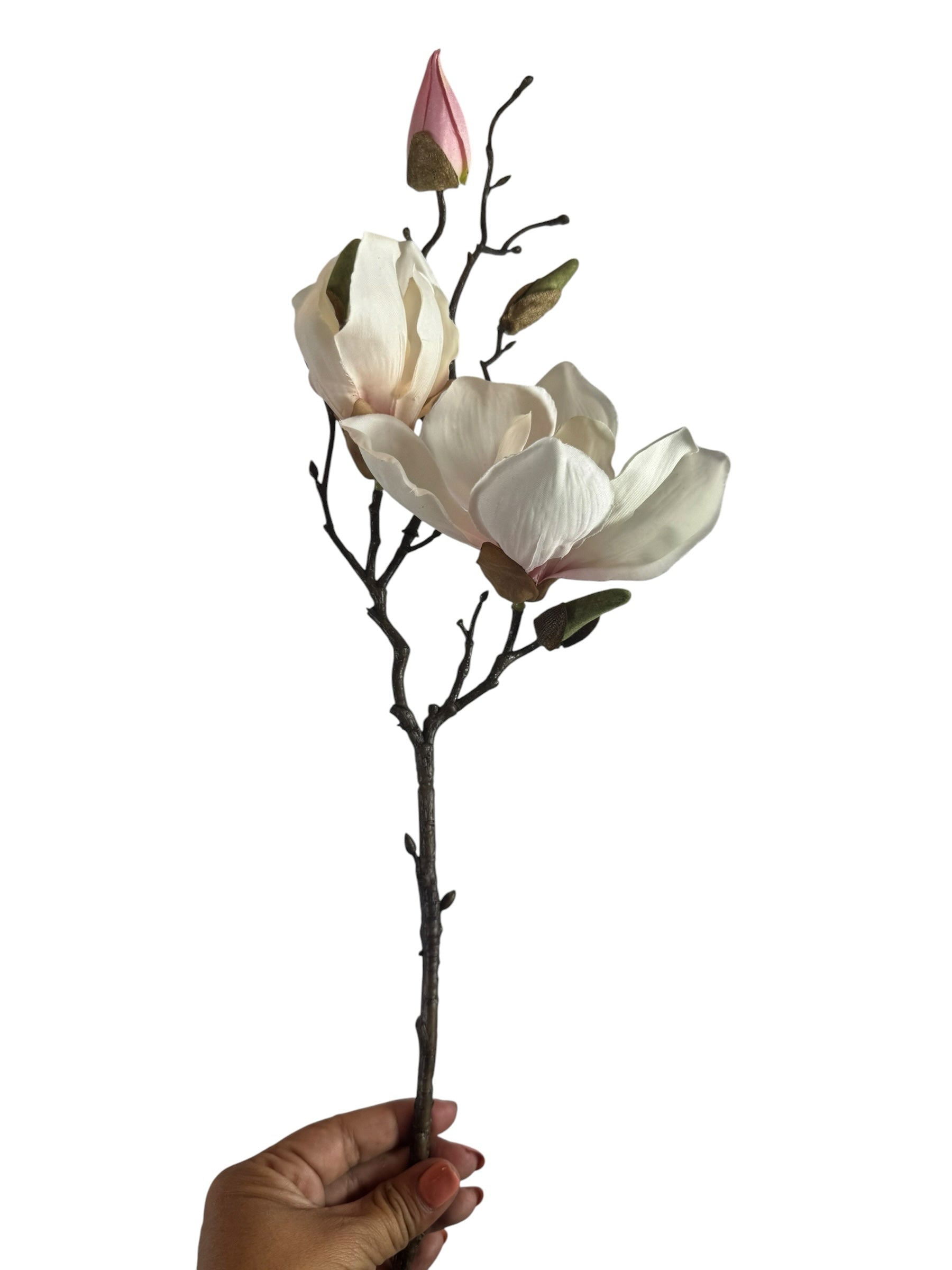 Artificial Bloom magnolia flower stem with creamy white petals, pink buds, and a realistic dark brown branch