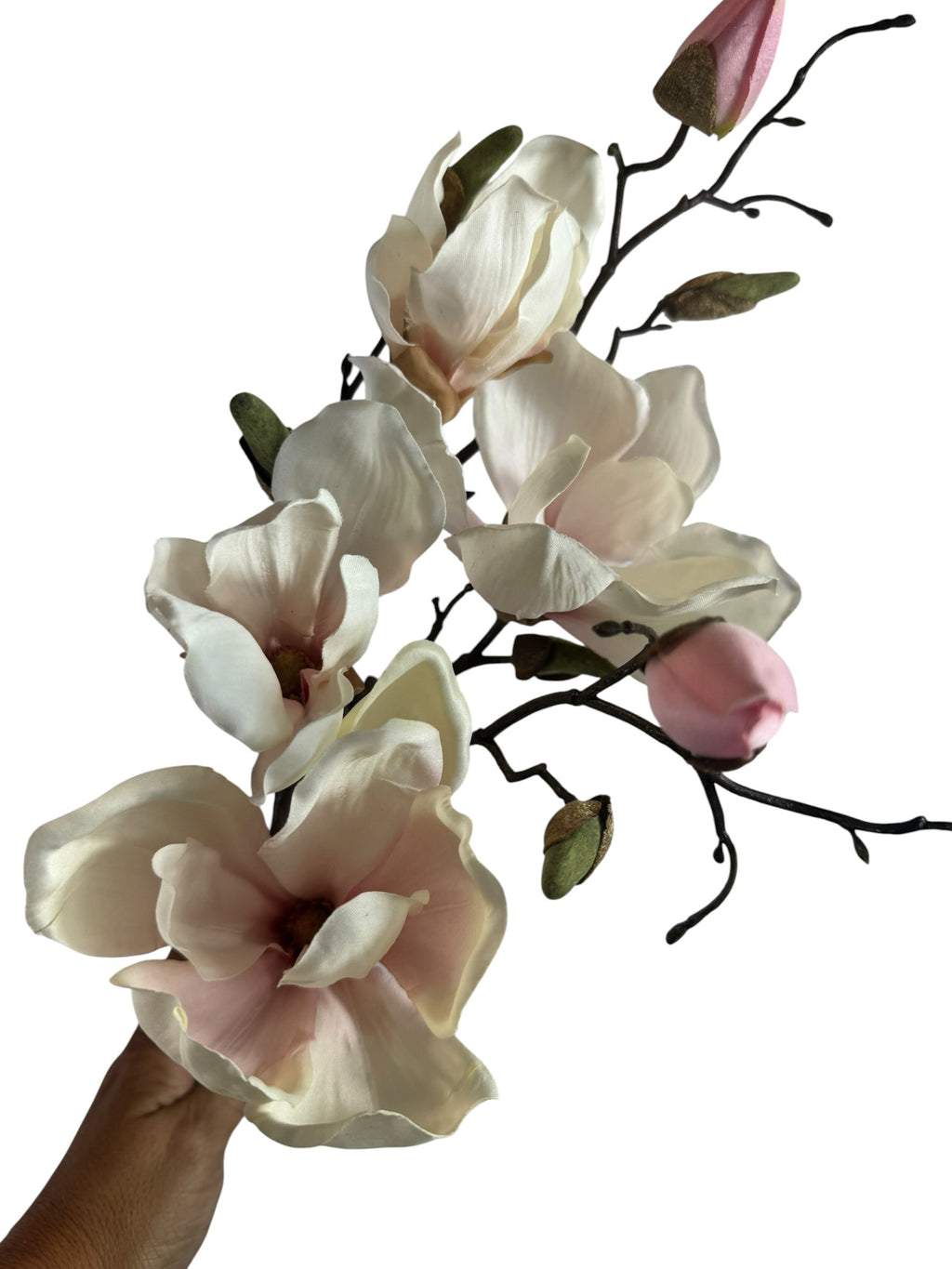 Artificial Bloom artificial magnolia flower stem with creamy white petals, pink undertones, and realistic buds.