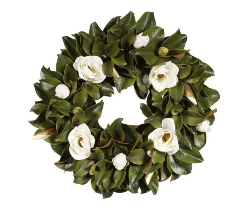 Artificial Bloom magnolia leaf wreath with glossy green foliage and creamy white blossoms for front door decor
