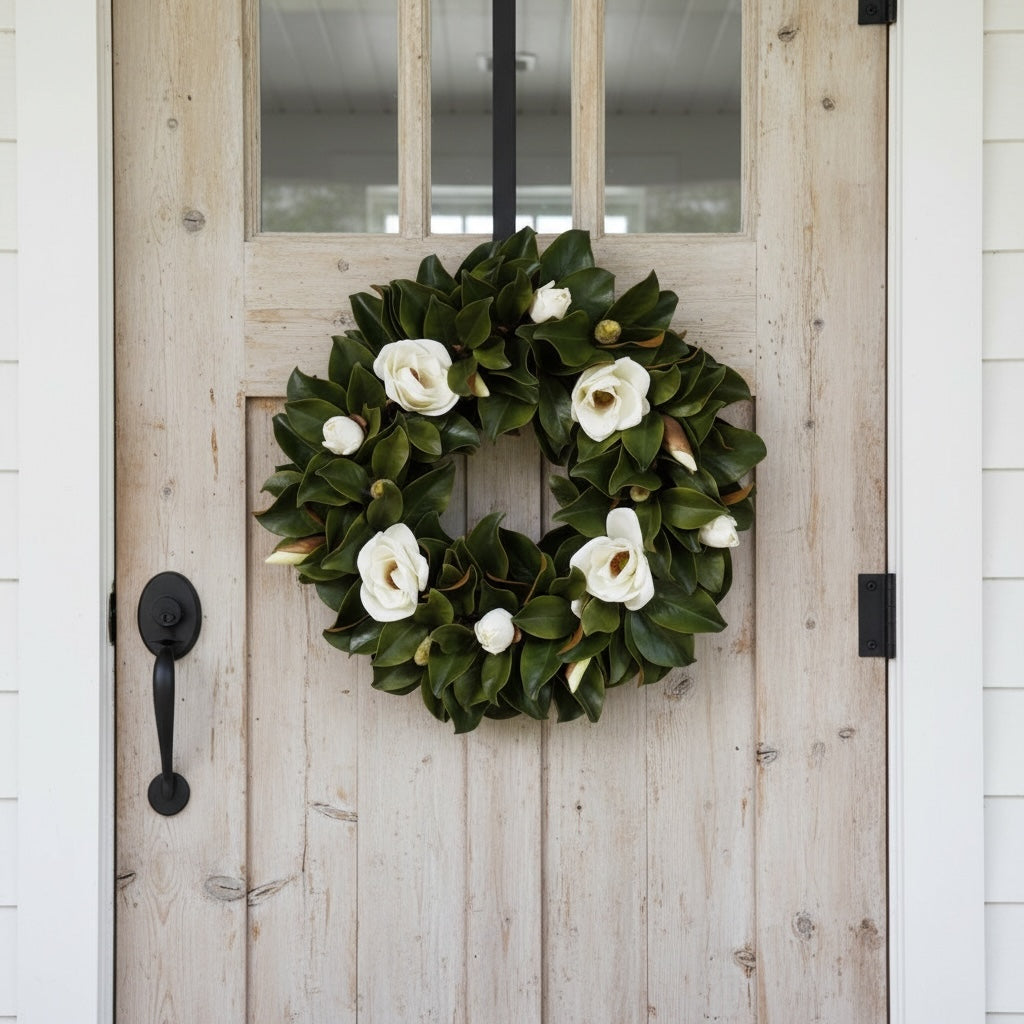 Artificial Bloom magnolia leaf and white blossom decorative wreath hanging on a rustic wooden front door.