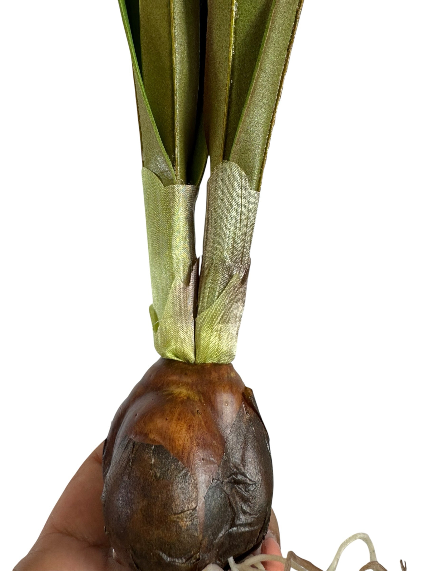 Artificial Bloom realistic narcissus bulb with green stems held in a hand against a white background.