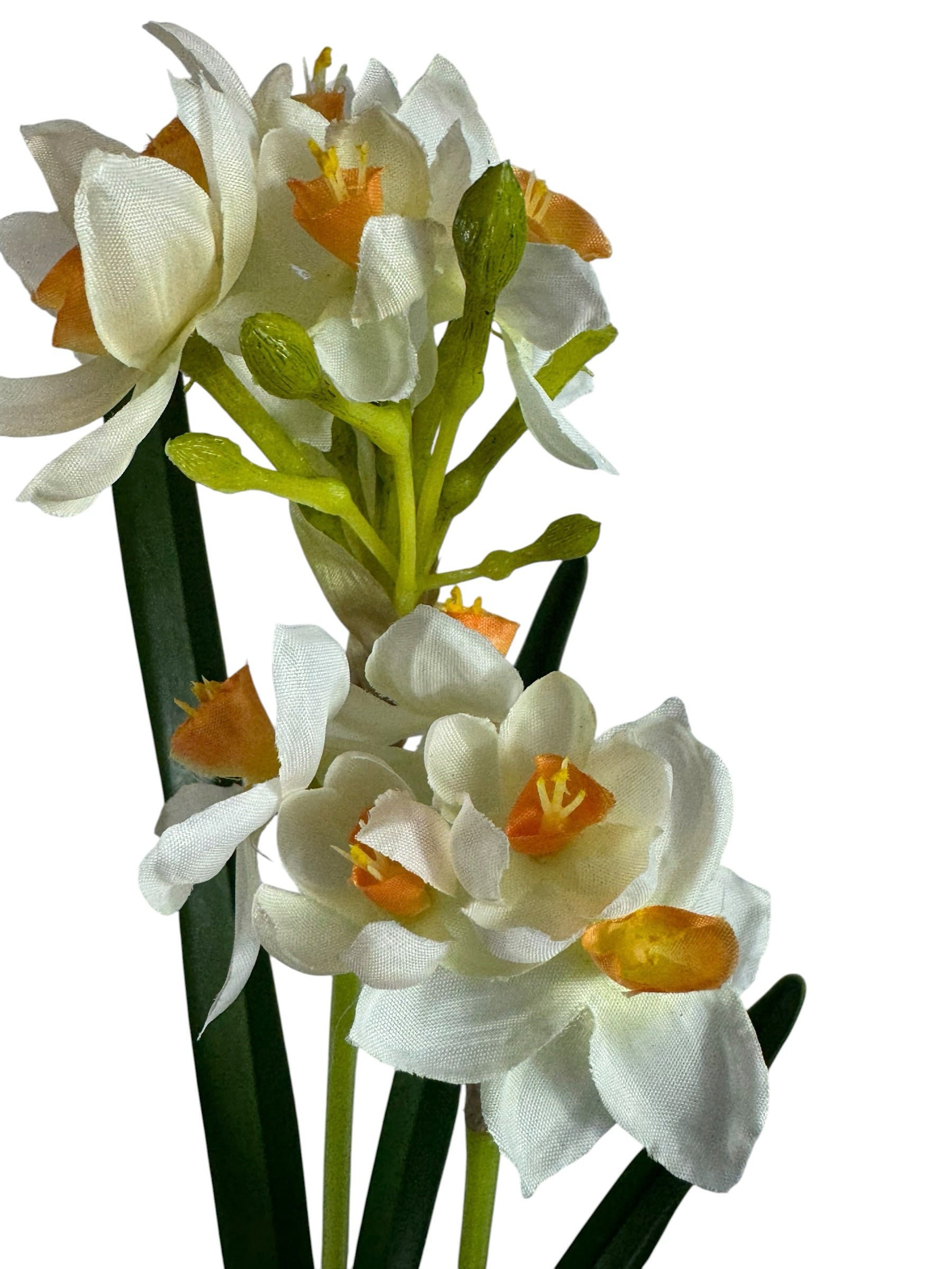 Artificial Bloom realistic white and orange narcissus flower stem with green foliage and detailed buds