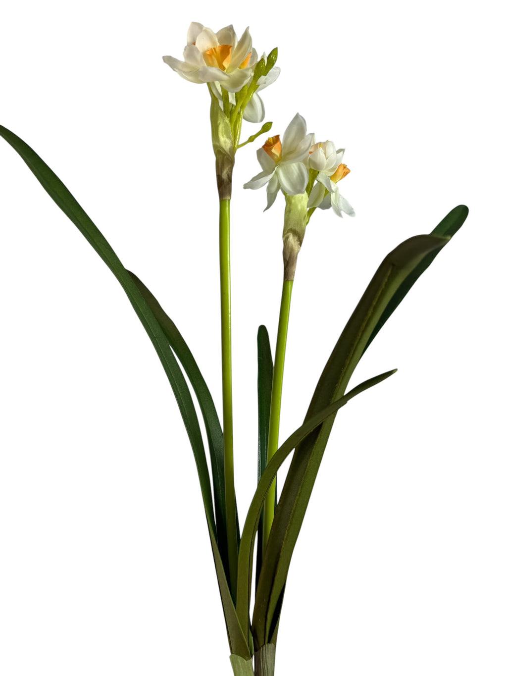 Artificial Bloom realistic narcissus stem with white petals, orange centers, and green leaves on a white background.
