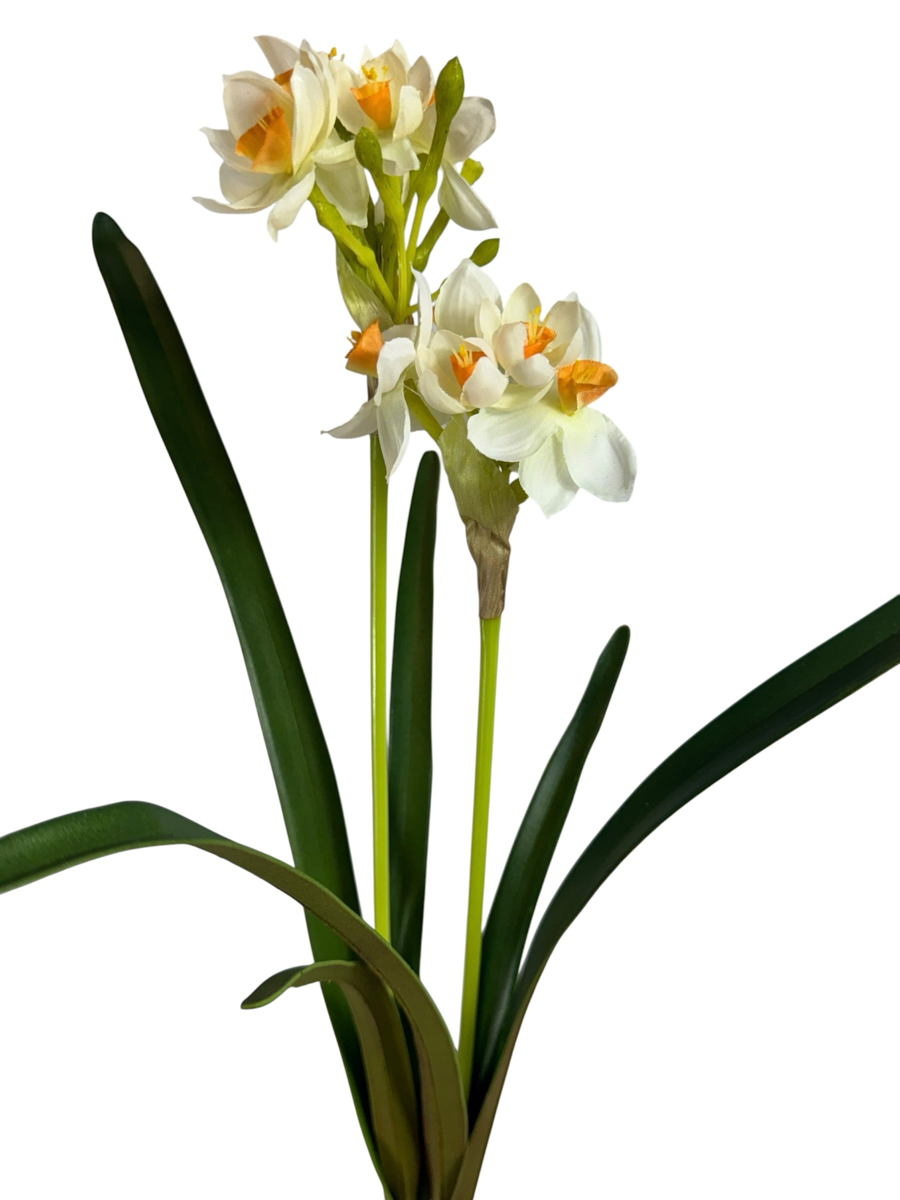 Artificial Bloom realistic narcissus stem with white petals, orange centers, and green foliage on a white background.