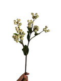 Artificial Bloom decorative floral stem featuring creamy off-white berries and green leaves on a slender brown branch.