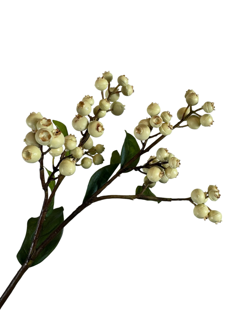 Artificial Bloom decorative floral stem featuring creamy off-white berries and green leaves on a slender branch