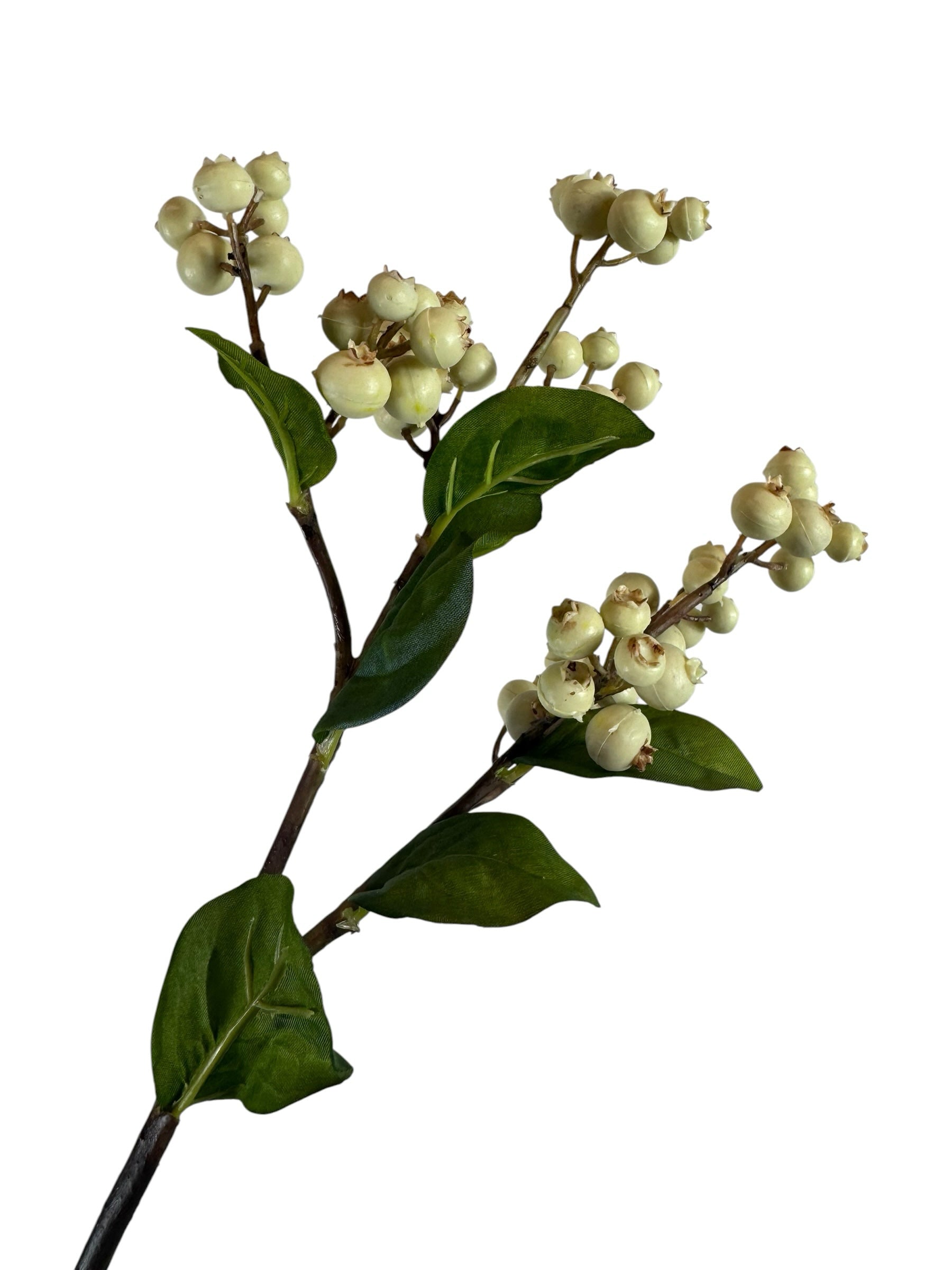 Artificial Bloom decorative floral stem featuring creamy off-white berries and green leaves on a slender branch