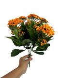 Artificial Bloom orange Kalanchoe flower bouquet with realistic green leaves held in a hand against a white background