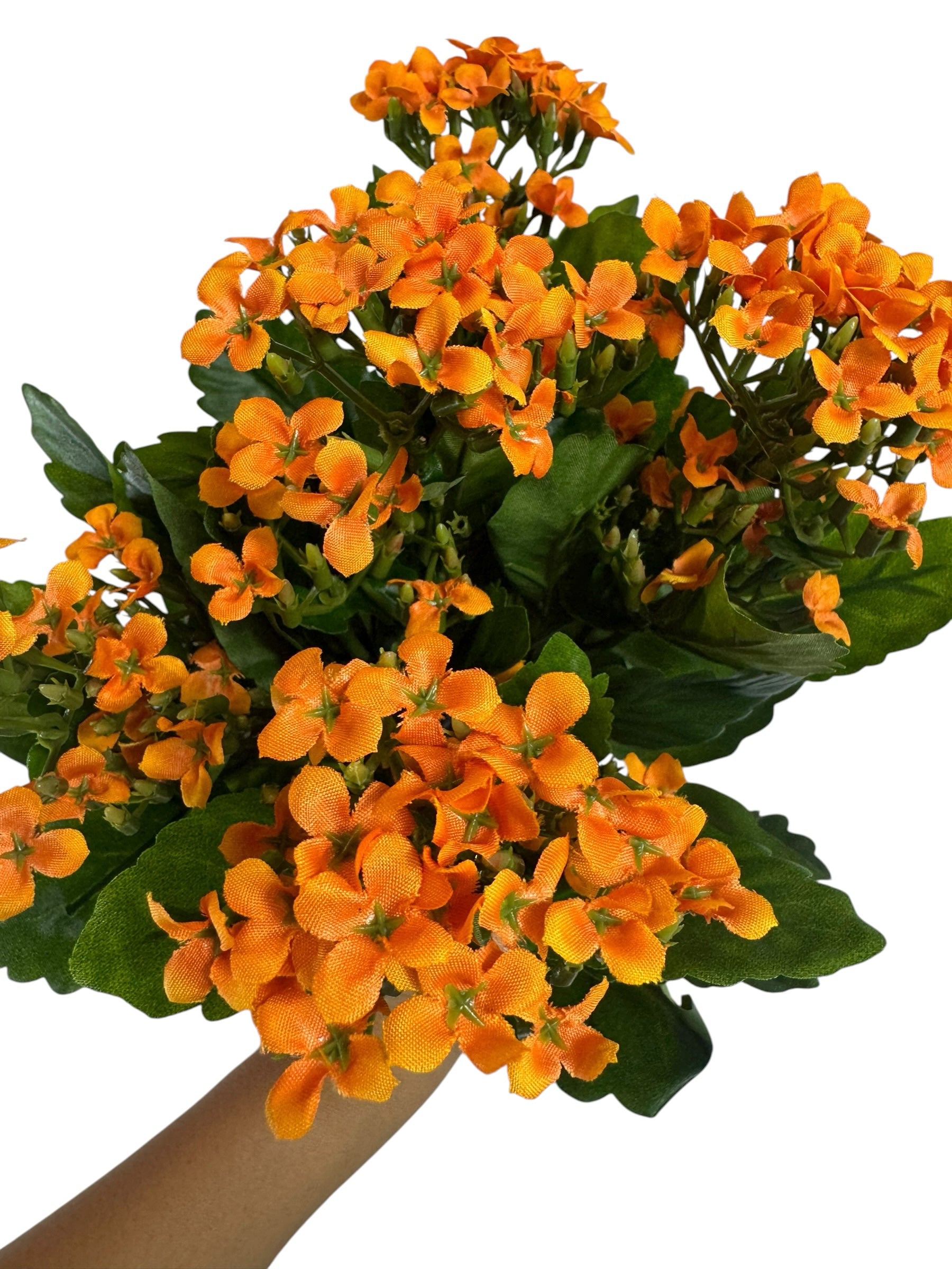 Artificial Bloom orange Kalanchoe flower bouquet with realistic silk-like blossoms and deep green serrated leaves