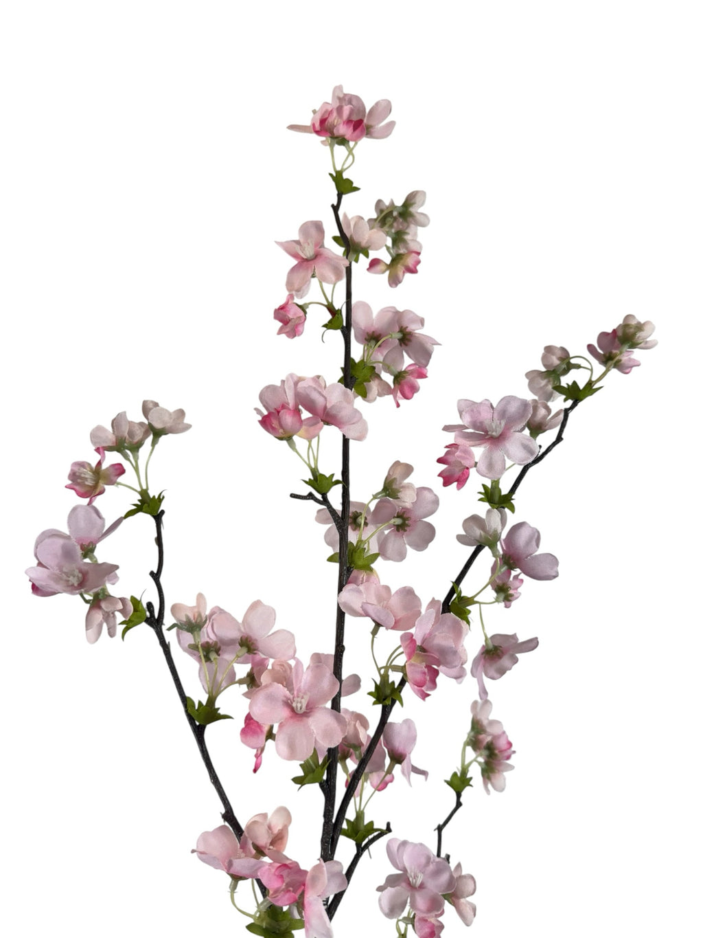 Artificial Bloom artificial cherry blossom stem with soft pink petals and dark textured branches on white background