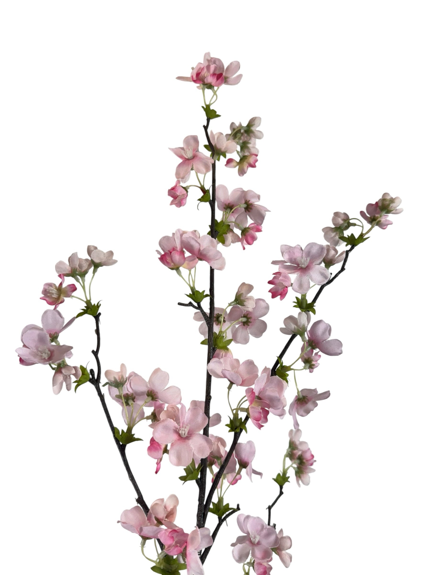 Artificial Bloom artificial cherry blossom stem with soft pink petals and dark textured branches on white background