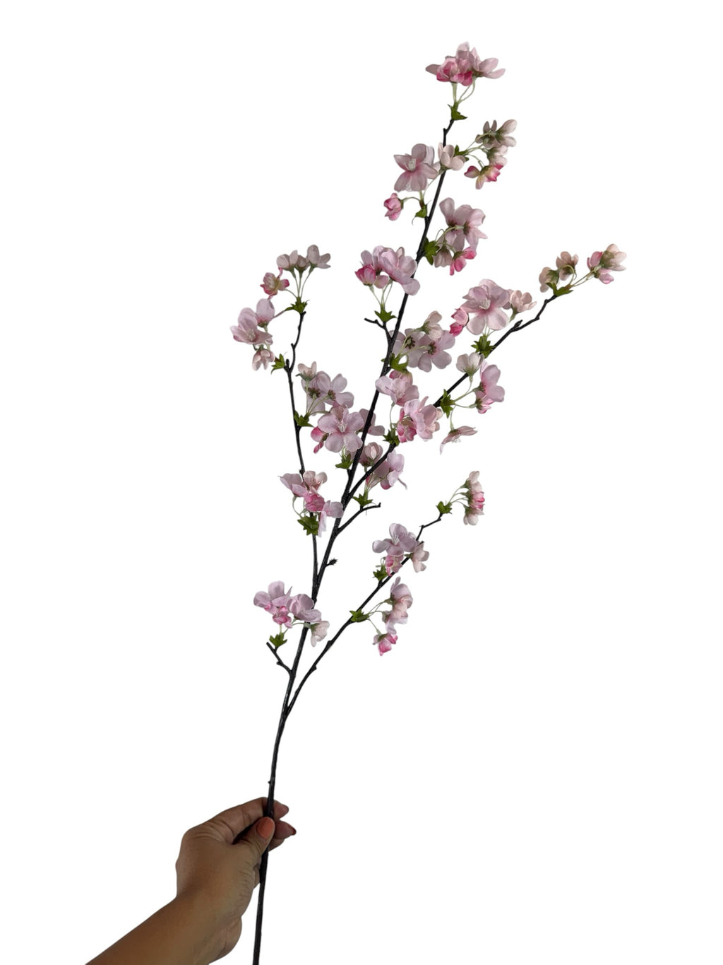 Artificial Bloom cherry blossom stem with soft pink petals and dark textured branch held by a hand against white