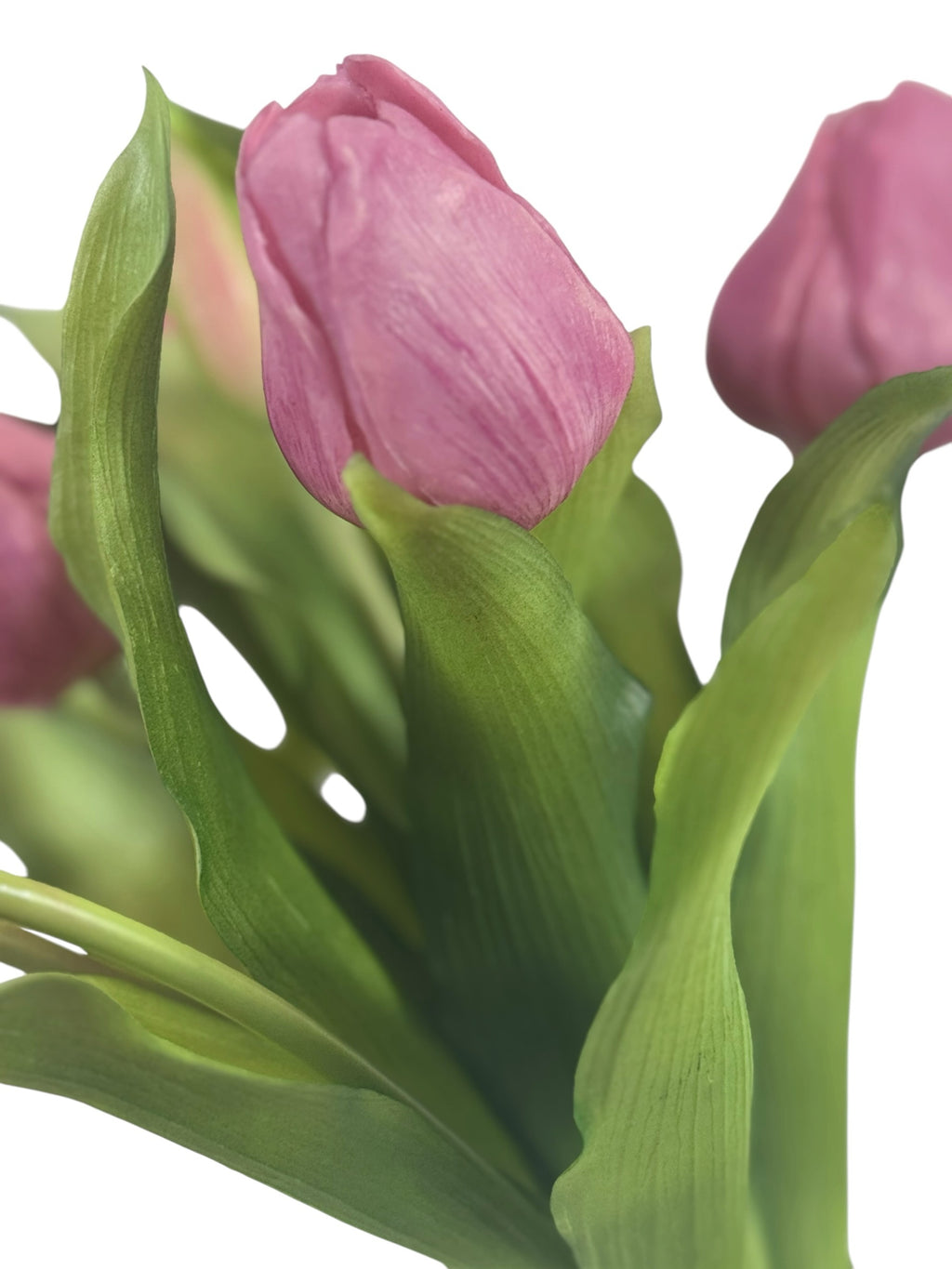Artificial Bloom pink tulip bouquet with realistic green foliage and soft-touch petals for home decor.