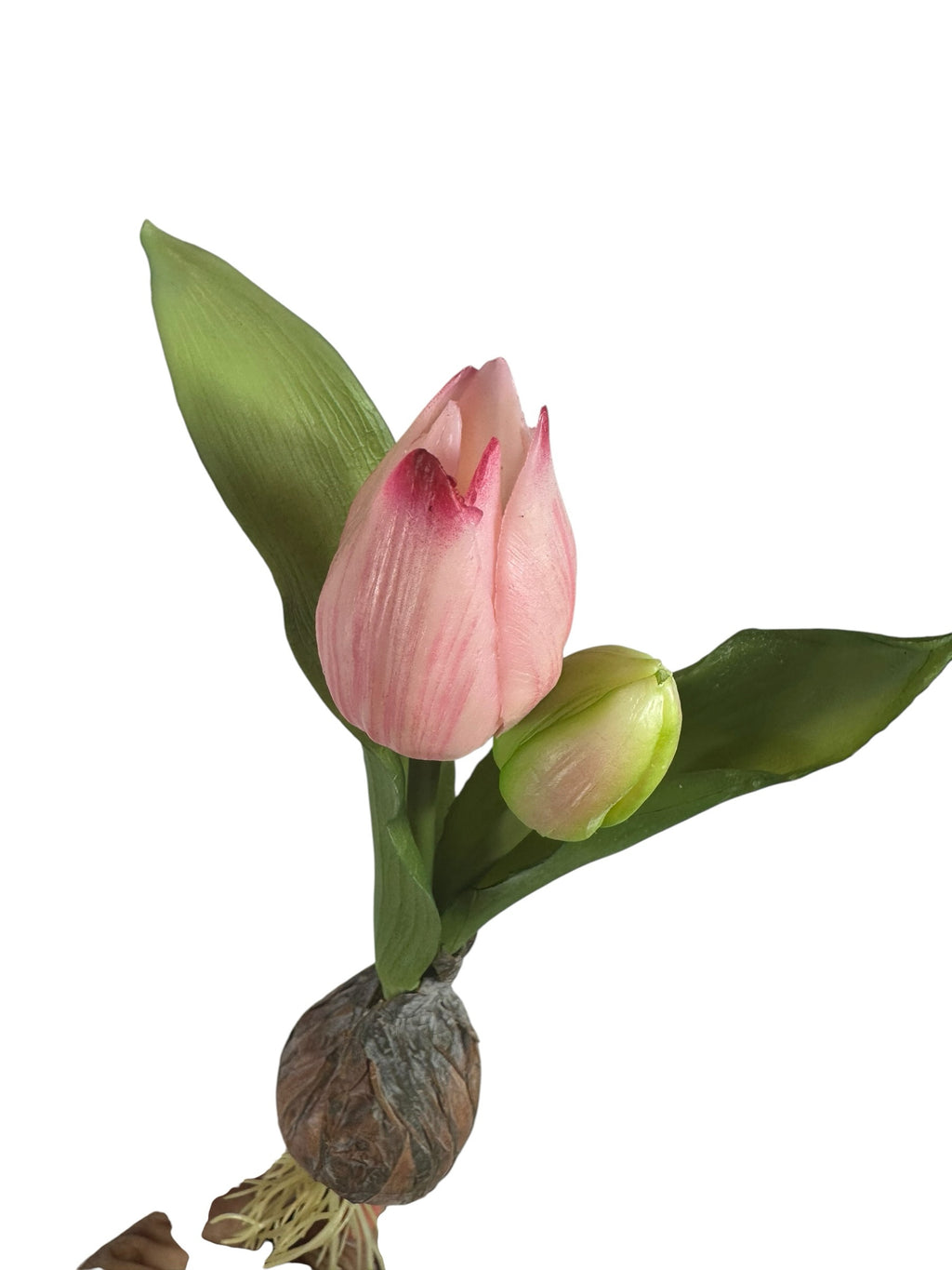 Artificial Bloom artificial tulip bulb stem with a blush-pink flower and green bud on a realistic root base.