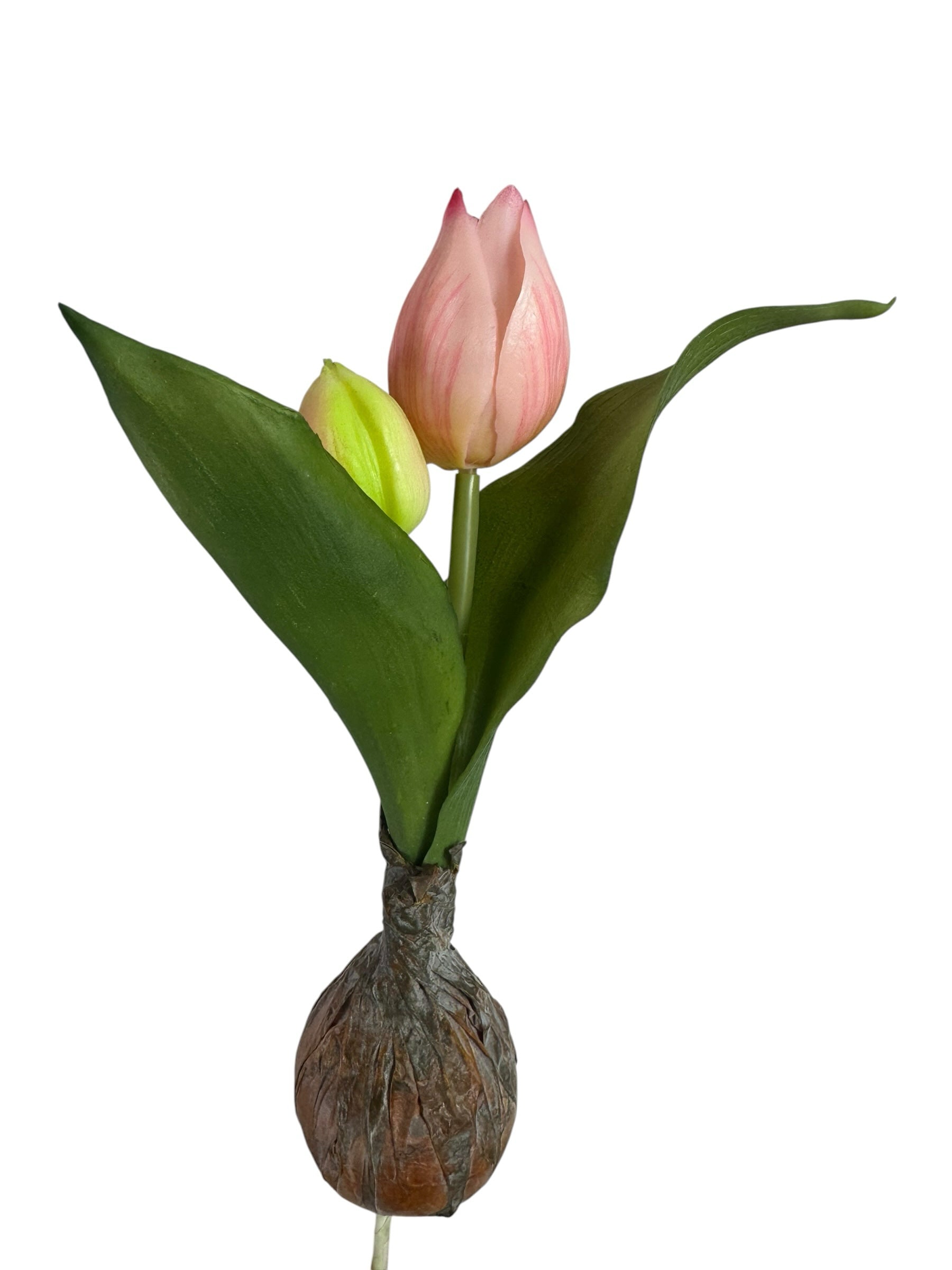 Artificial Bloom decorative tulip bulb stem with a blush-pink flower and a green bud on a realistic textured bulb base.