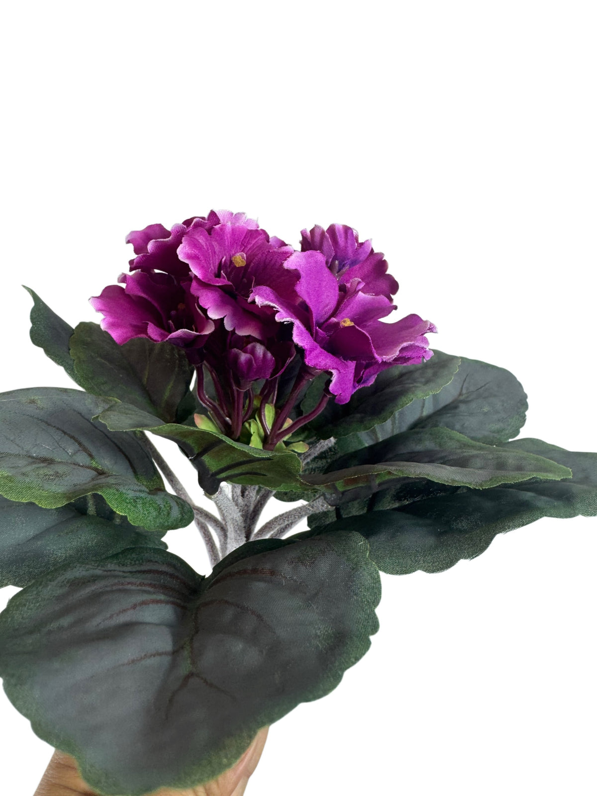 Artificial Bloom artificial African Violet with vibrant deep purple flowers and textured green leaves