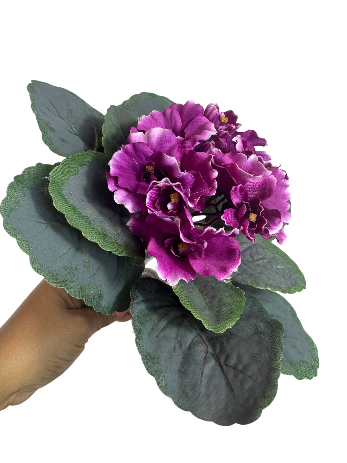 Artificial Bloom artificial African Violet with deep purple flowers and textured green leaves held in a hand