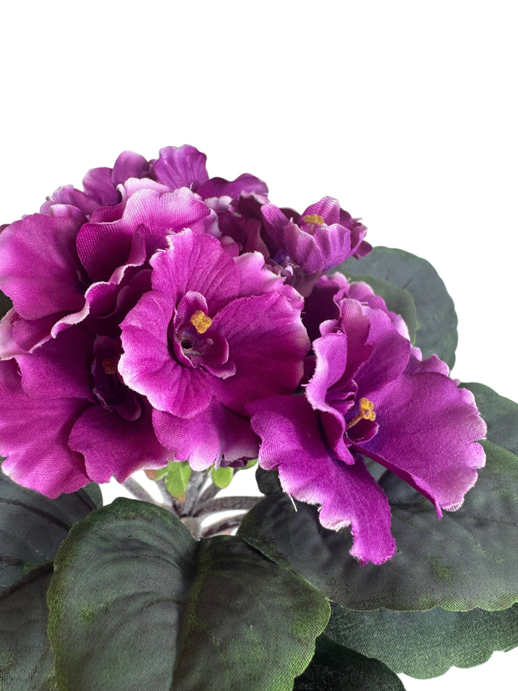 Artificial Bloom artificial African Violet with vibrant deep purple petals and textured green leaves