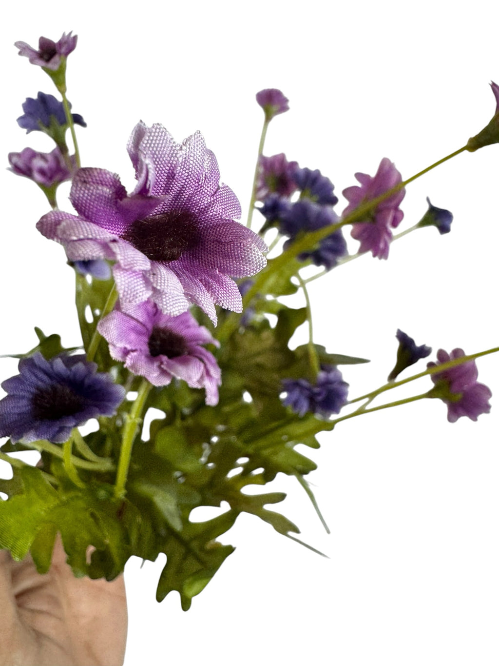Artificial Bloom purple and lavender fabric daisy bouquet with realistic green foliage for home decor