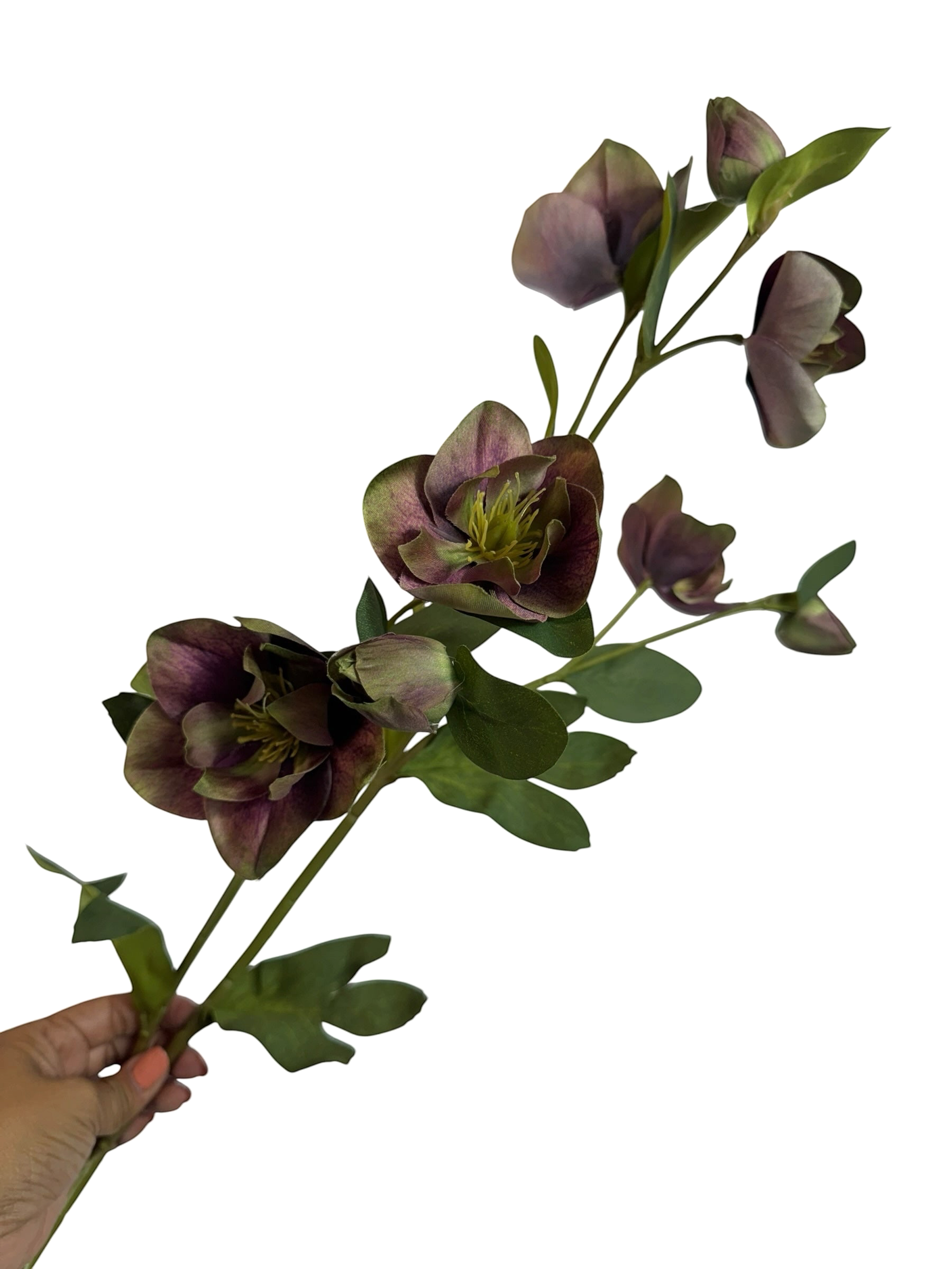 Artificial Bloom artificial hellebore stem in dusky purple and green with realistic petals and foliage