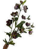 Artificial Bloom artificial hellebore stem with dusky purple and green flowers and realistic foliage on a wire stem