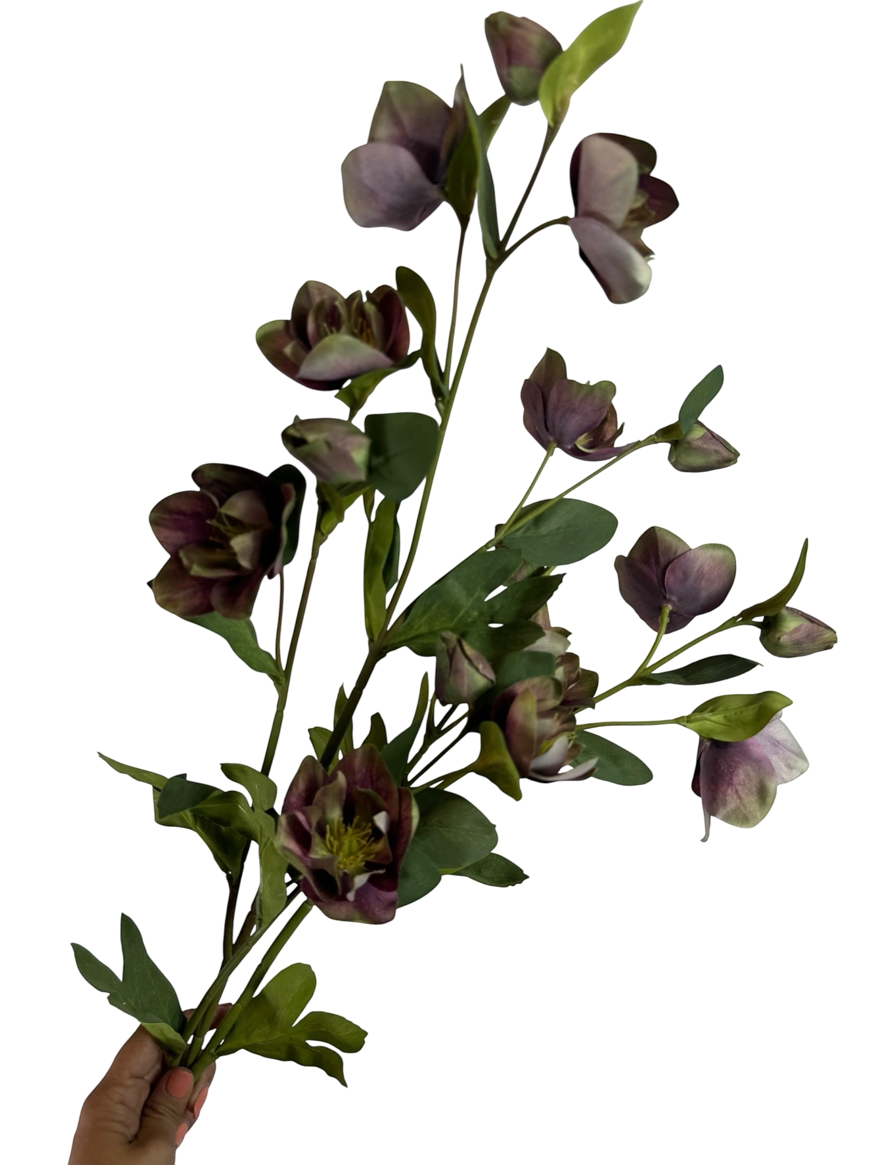 Artificial Bloom artificial hellebore stem with dusky purple and green flowers and realistic foliage on a wire stem