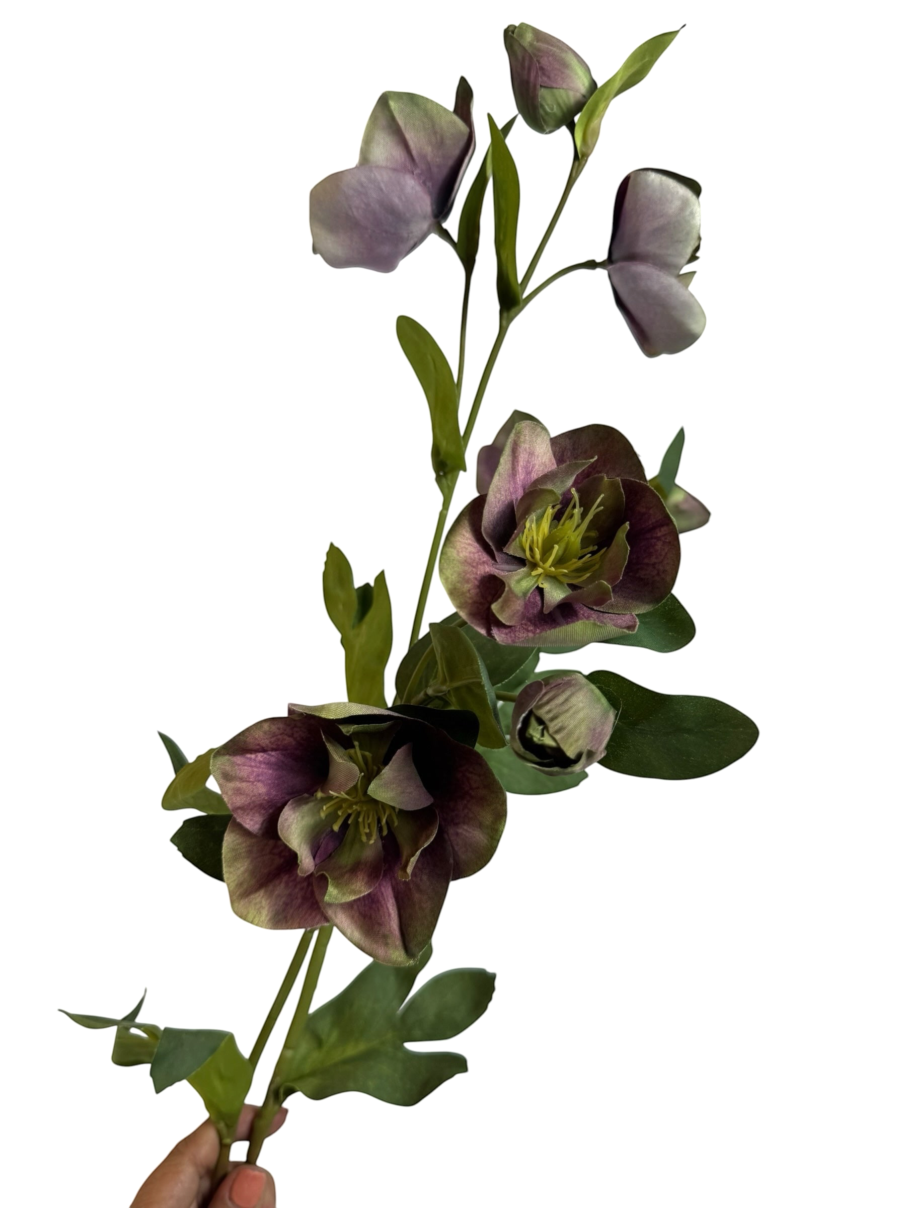 Artificial Bloom artificial hellebore stem with deep purple and green petals and realistic foliage on a white background