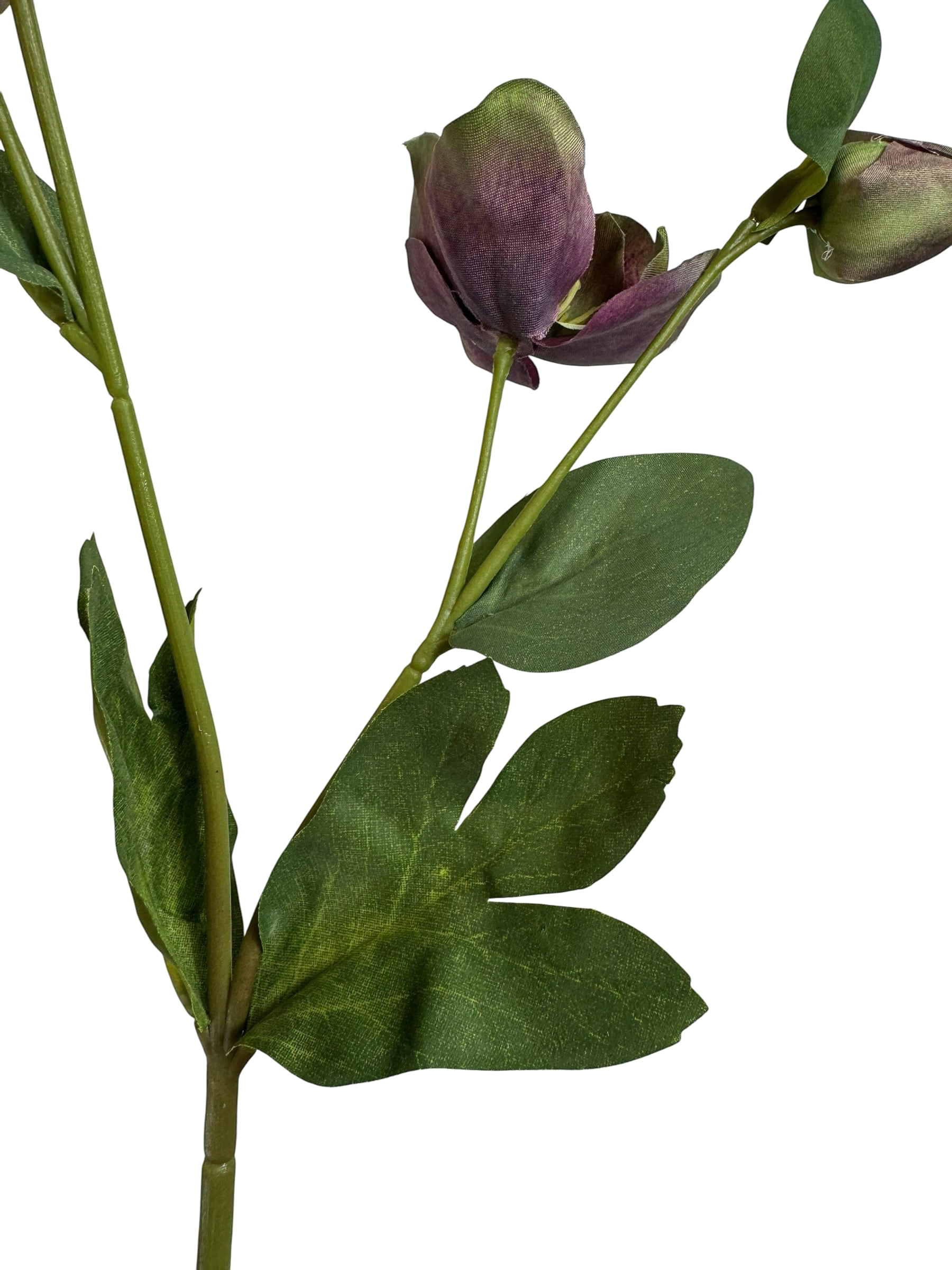 Artificial Bloom artificial hellebore stem with deep purple flowers and realistic green leaves on a white background