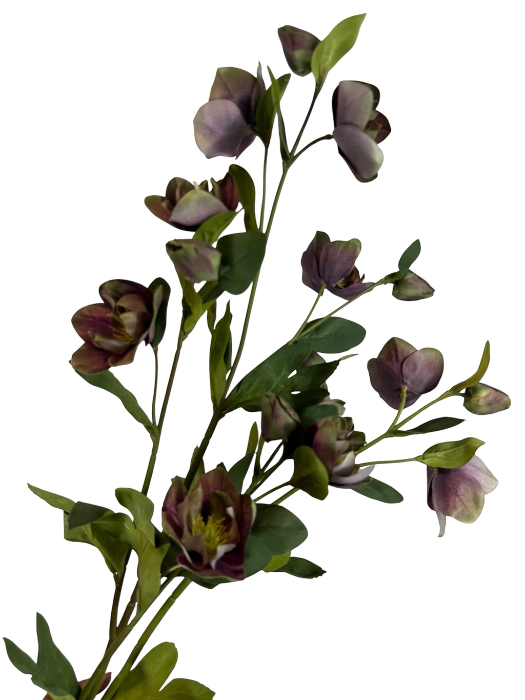Artificial Bloom artificial hellebore stem with deep purple and green petals and realistic foliage on a white background