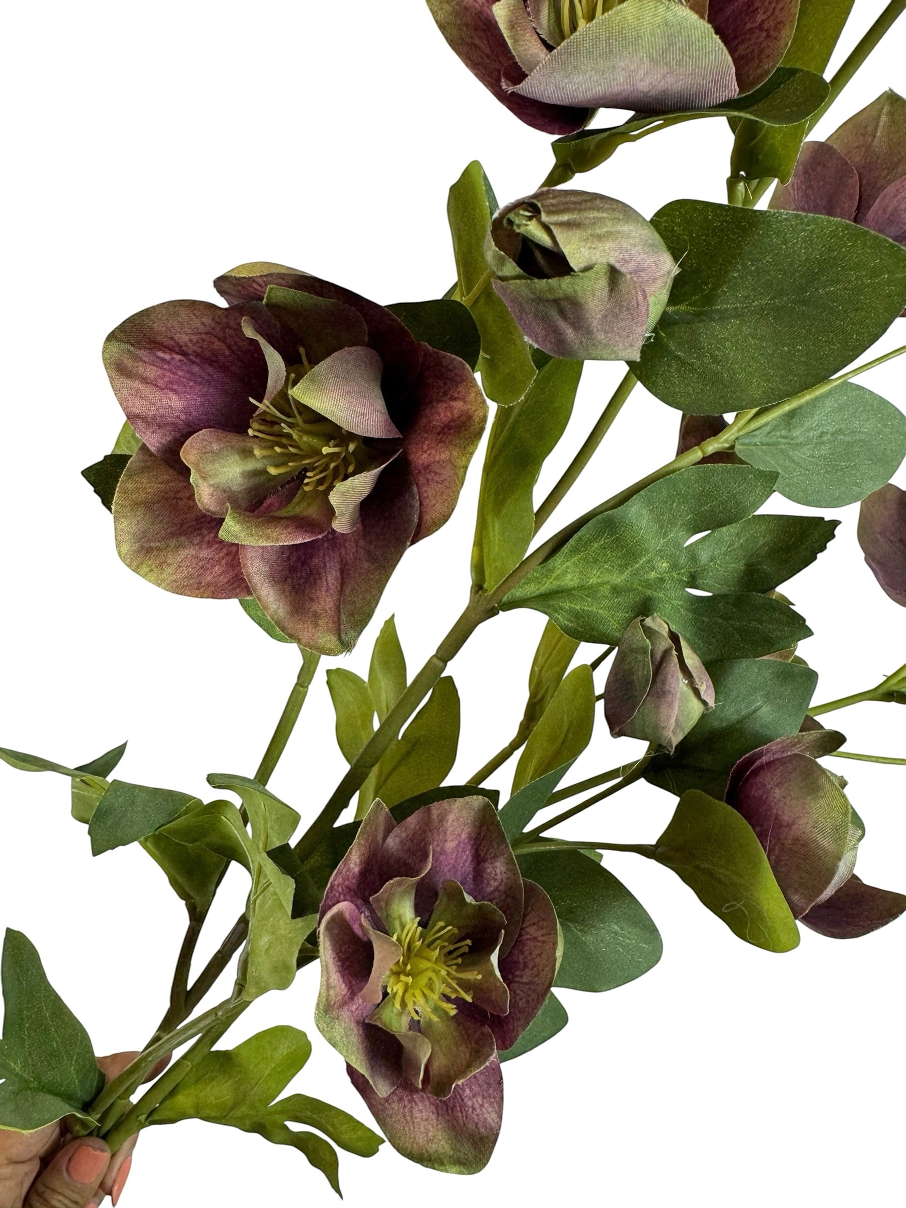 Artificial Bloom artificial hellebore stem with deep purple and green petals and realistic foliage on a wire stem